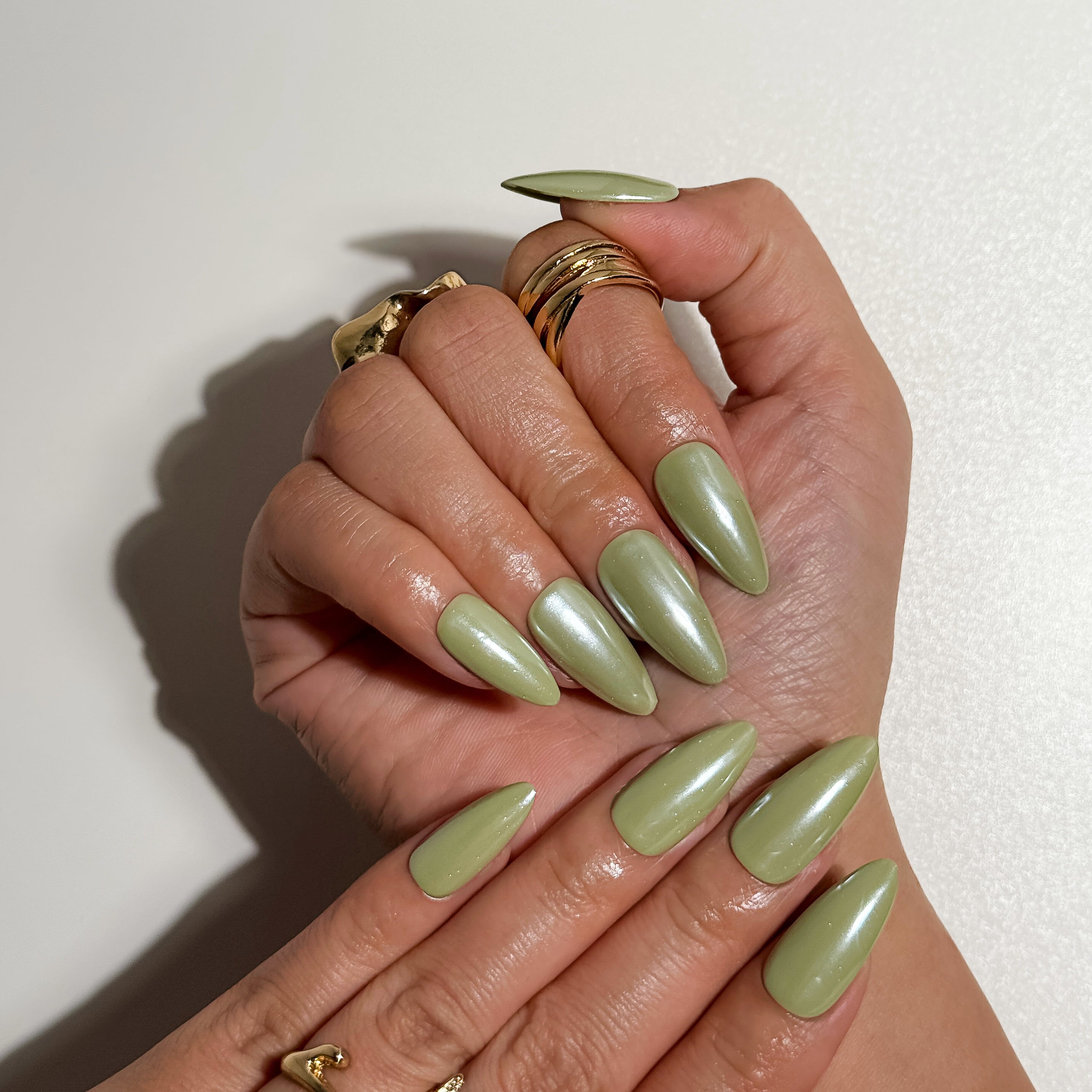 Olive Glossy Green Press on Nails with Pearl Shine