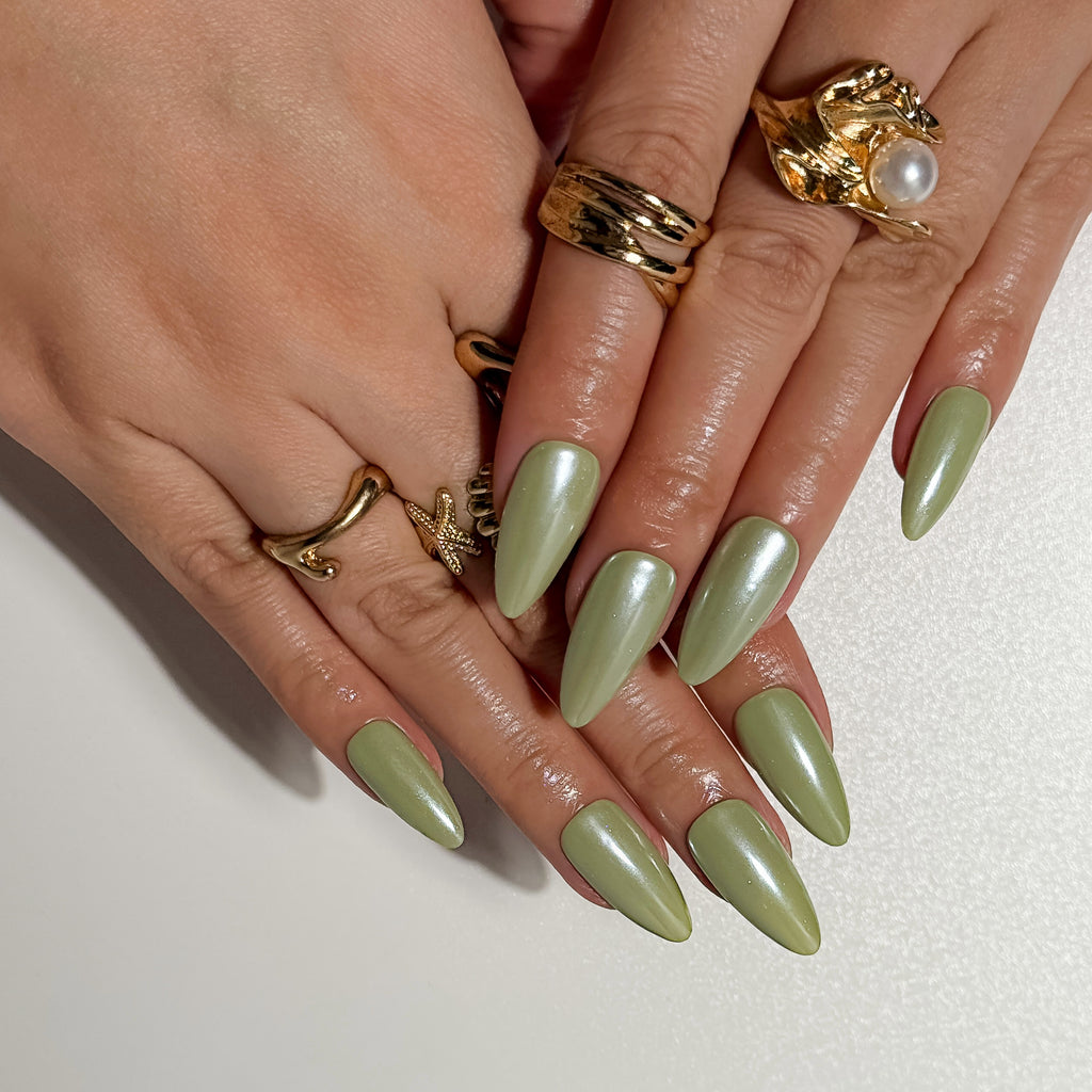 Olive Glossy Green Press on Nails with Pearl Shine