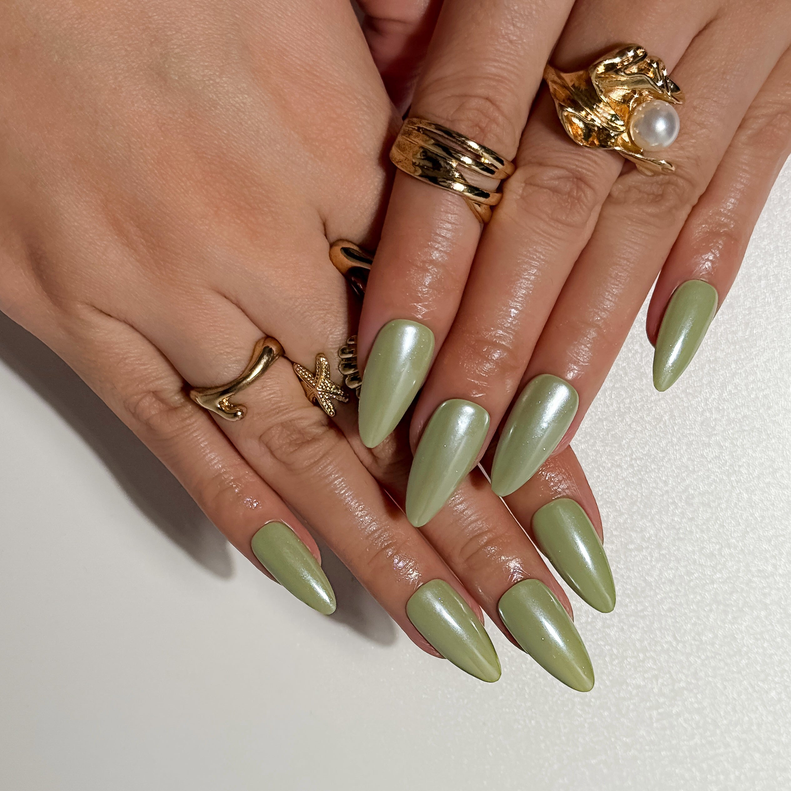 Olive Glossy Green Press on Nails with Pearl Shine