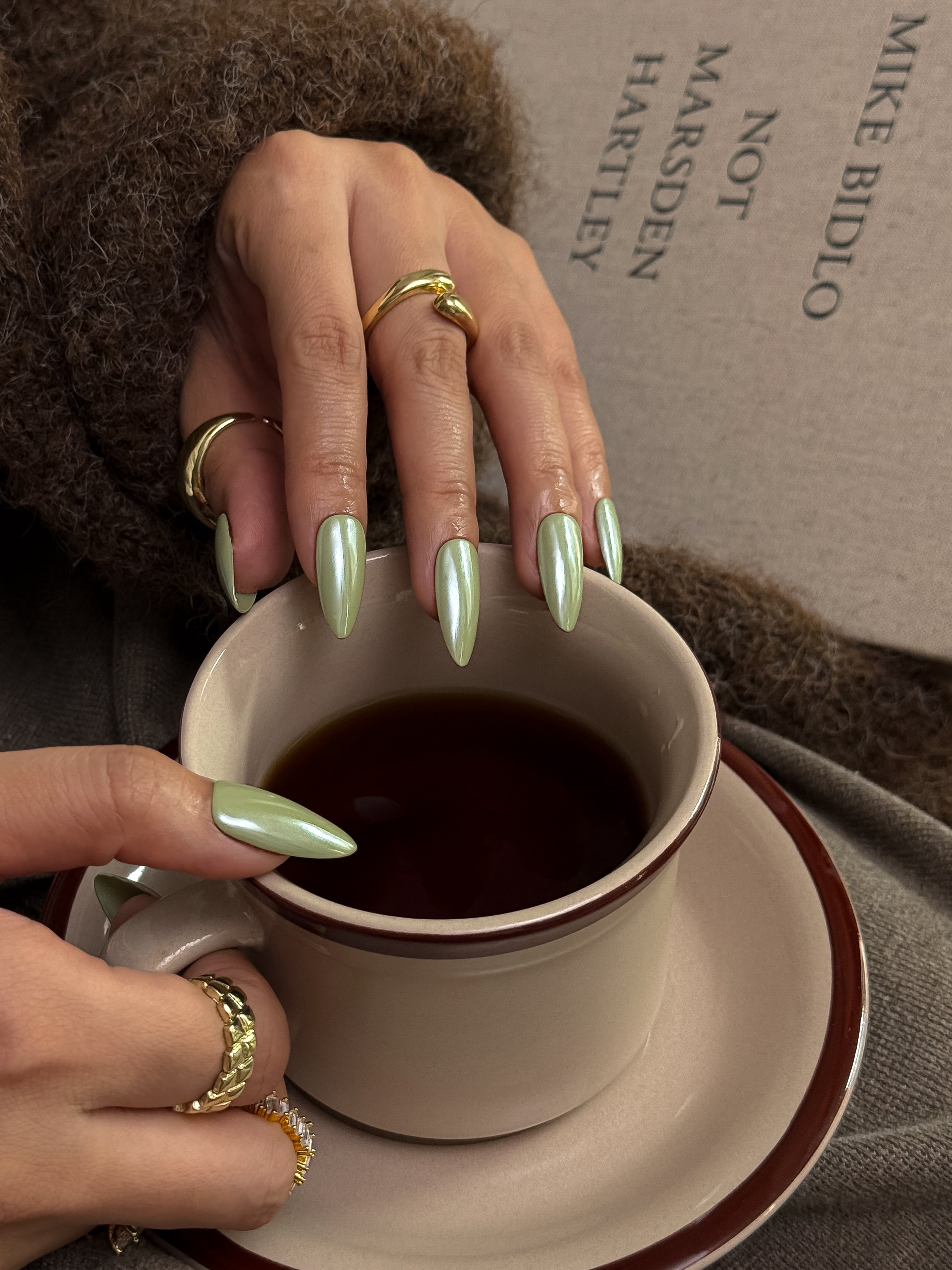 Olive Glossy Green Press on Nails with Pearl Shine