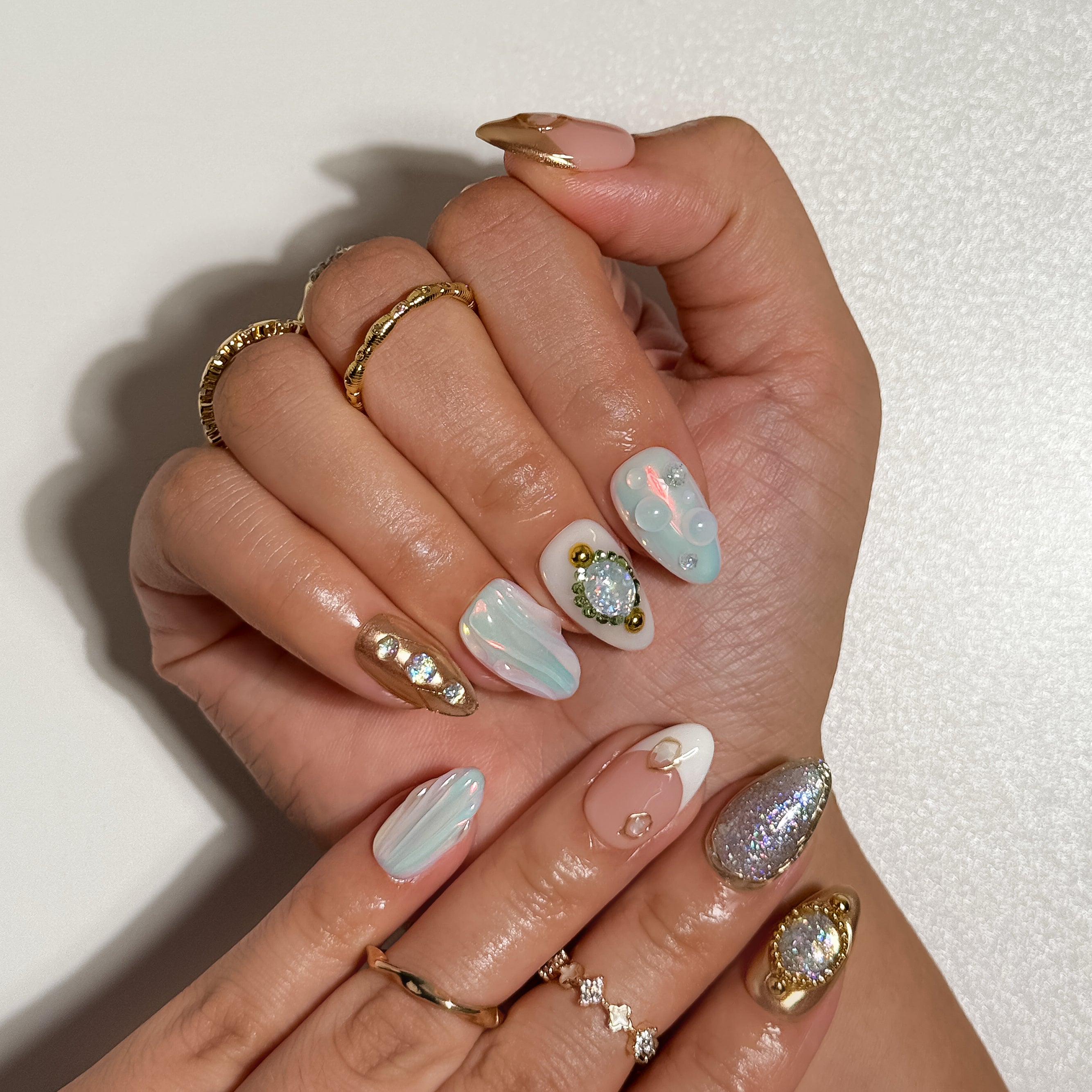 Opal Dream Iridescent Opal Luxury Press on Nails with Gold Framing