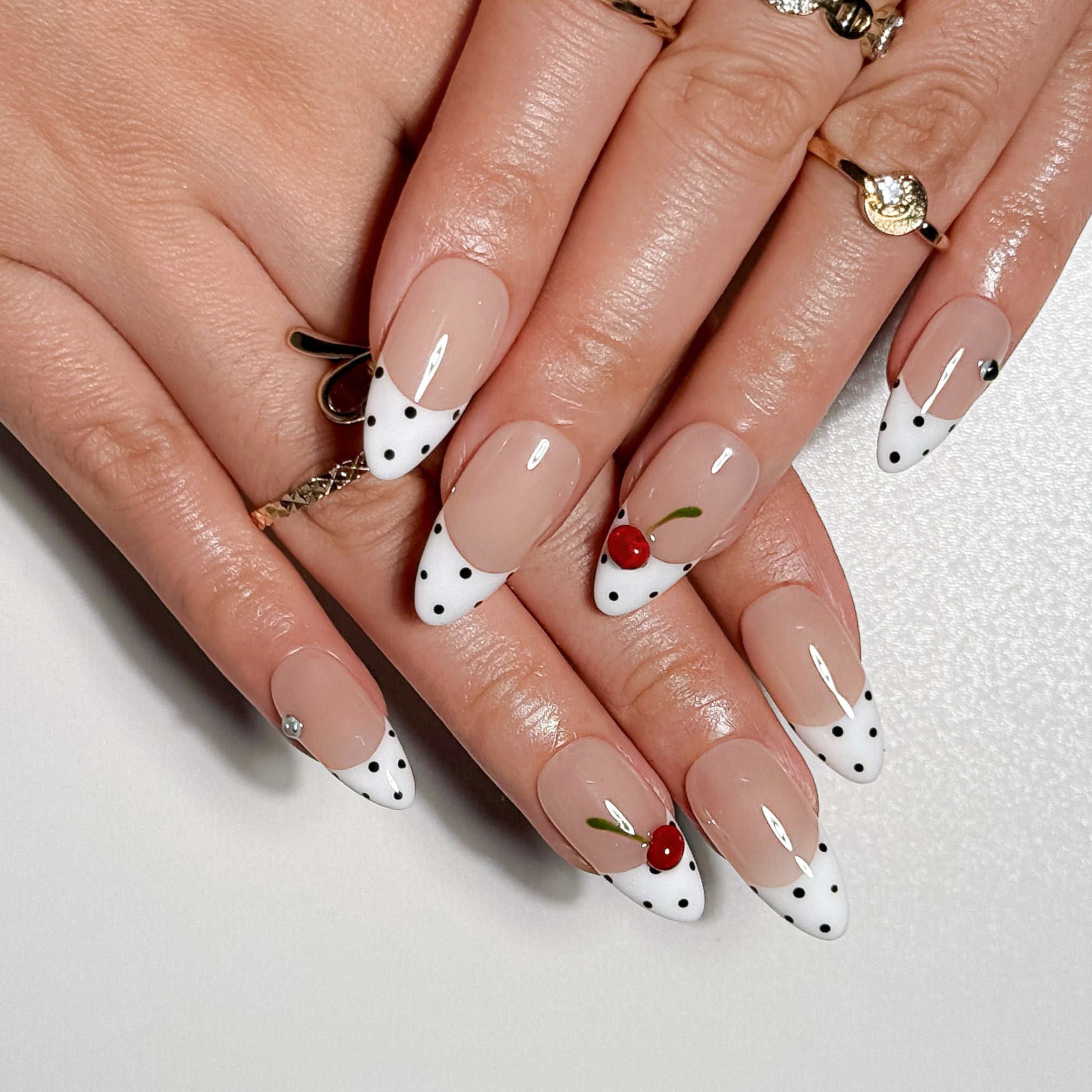 Polka Cherry Nude and White Press on Nails with Retro Cherry Art