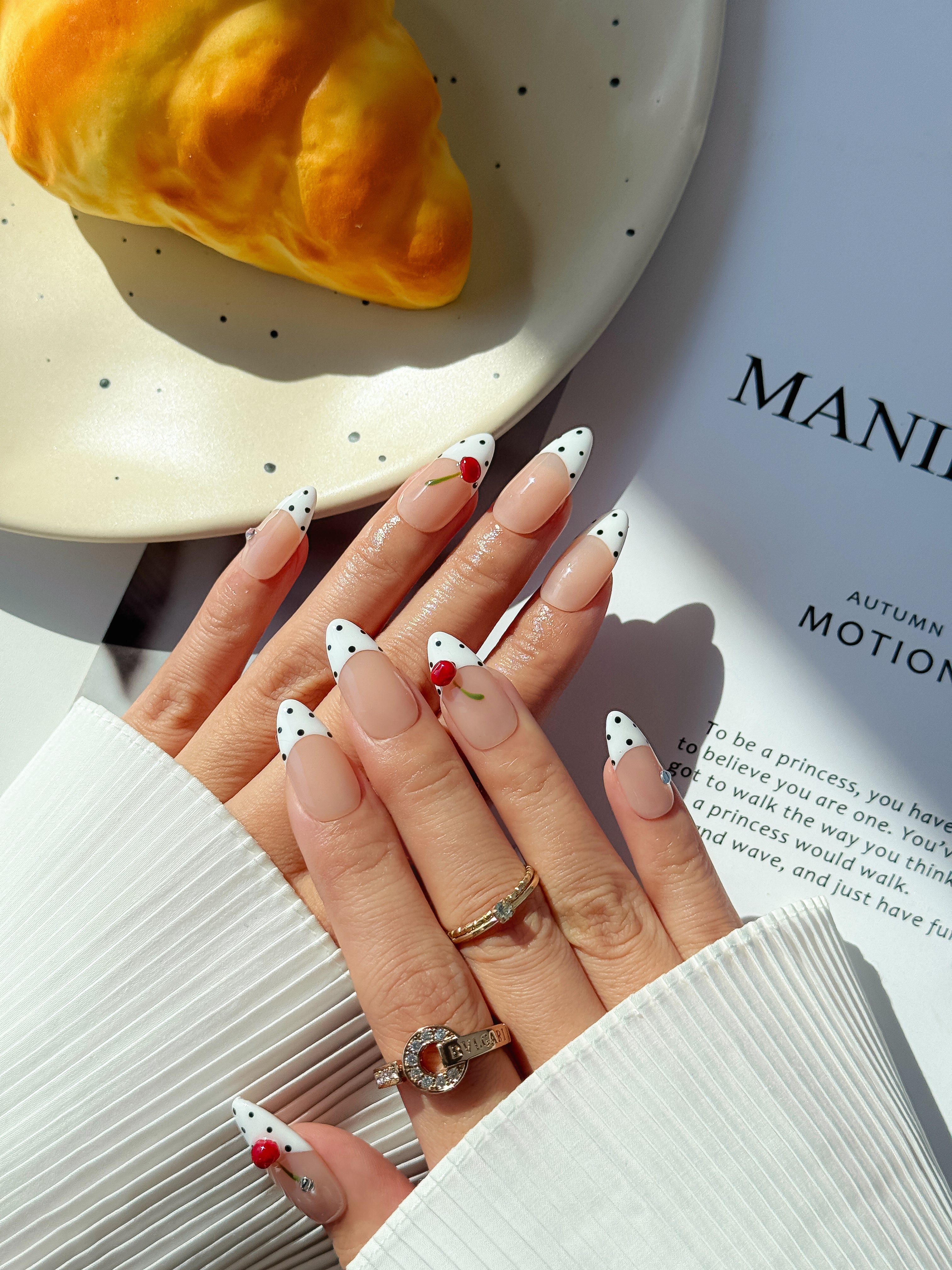 Polka Cherry Nude and White Press on Nails with Retro Cherry Art