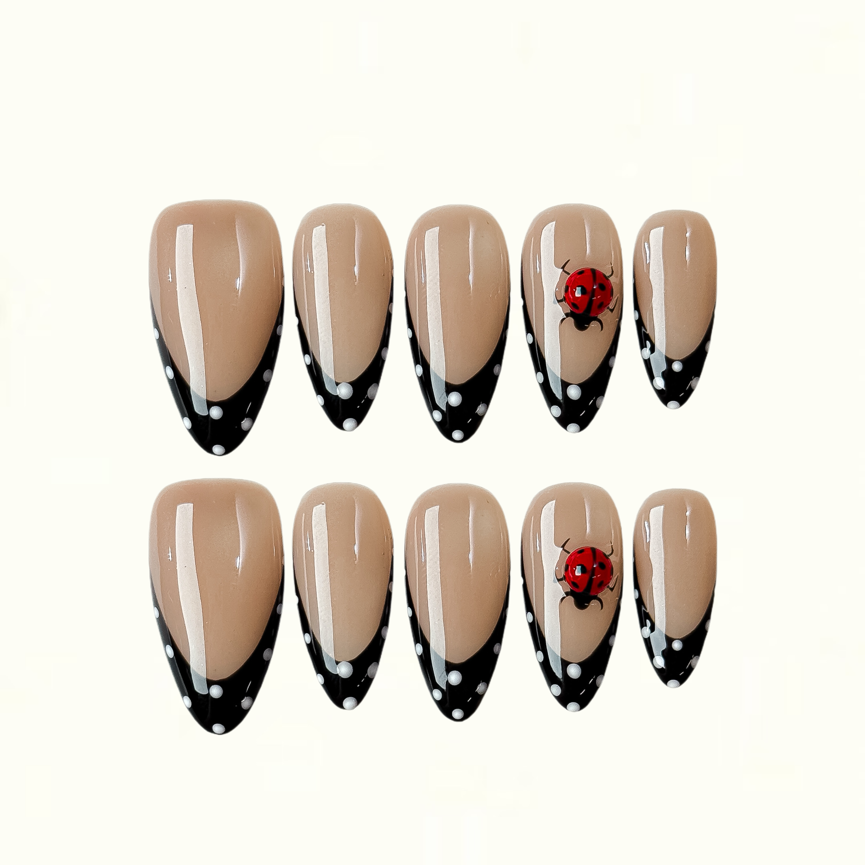 Polka Dot Lady Nude and Black Press on Nails with Ladybug Art