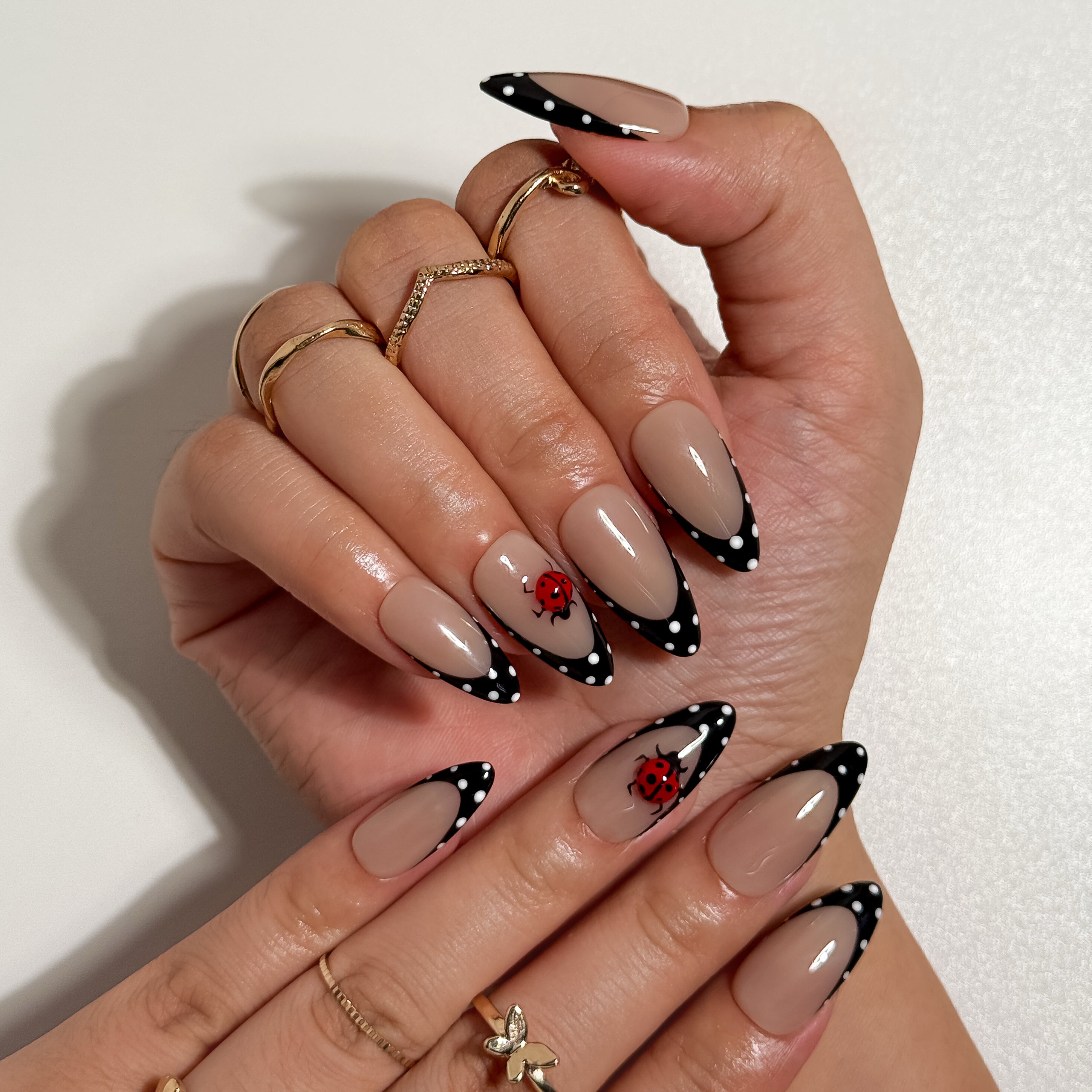 Polka Dot Lady Nude and Black Press on Nails with Ladybug Art