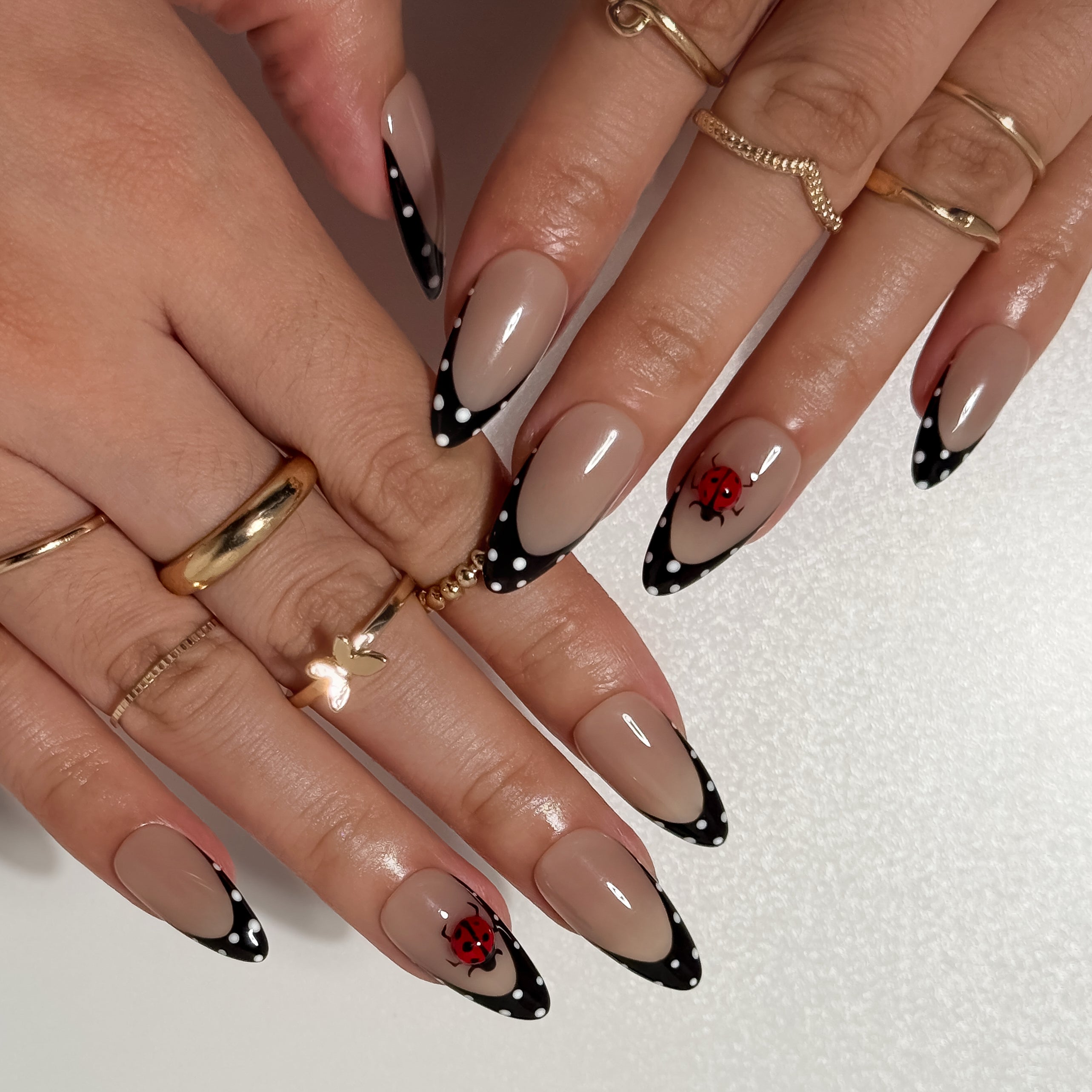 Polka Dot Lady Nude and Black Press on Nails with Ladybug Art