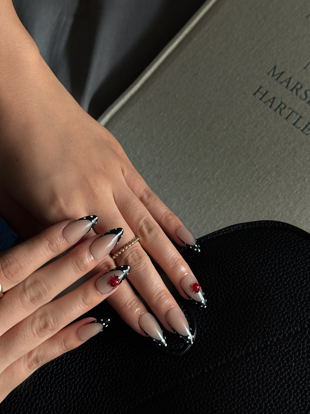 Polka Dot Lady Nude and Black Press on Nails with Ladybug Art