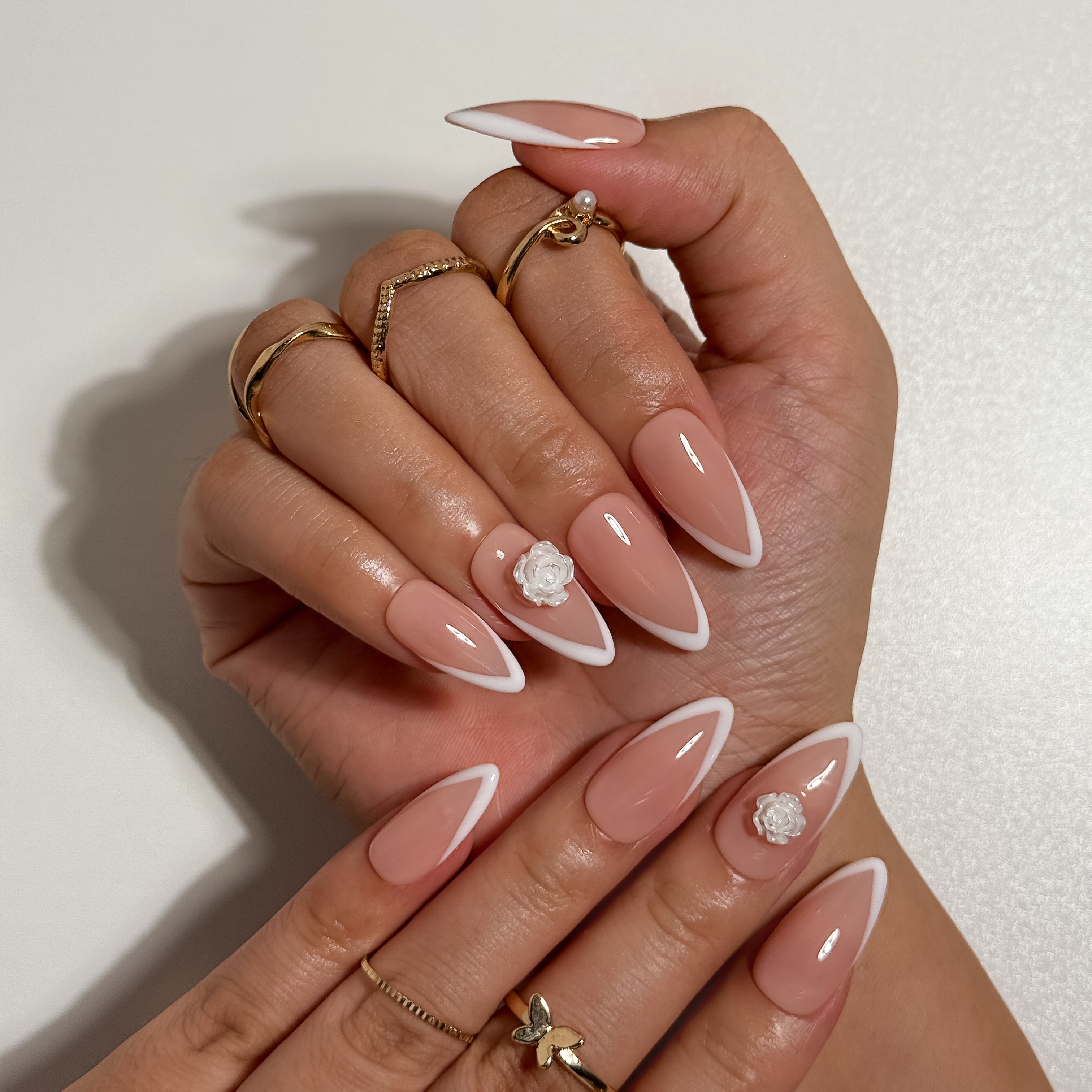 Rose Elegance Blush Nude V French Press on Nails with 3D Rose Art