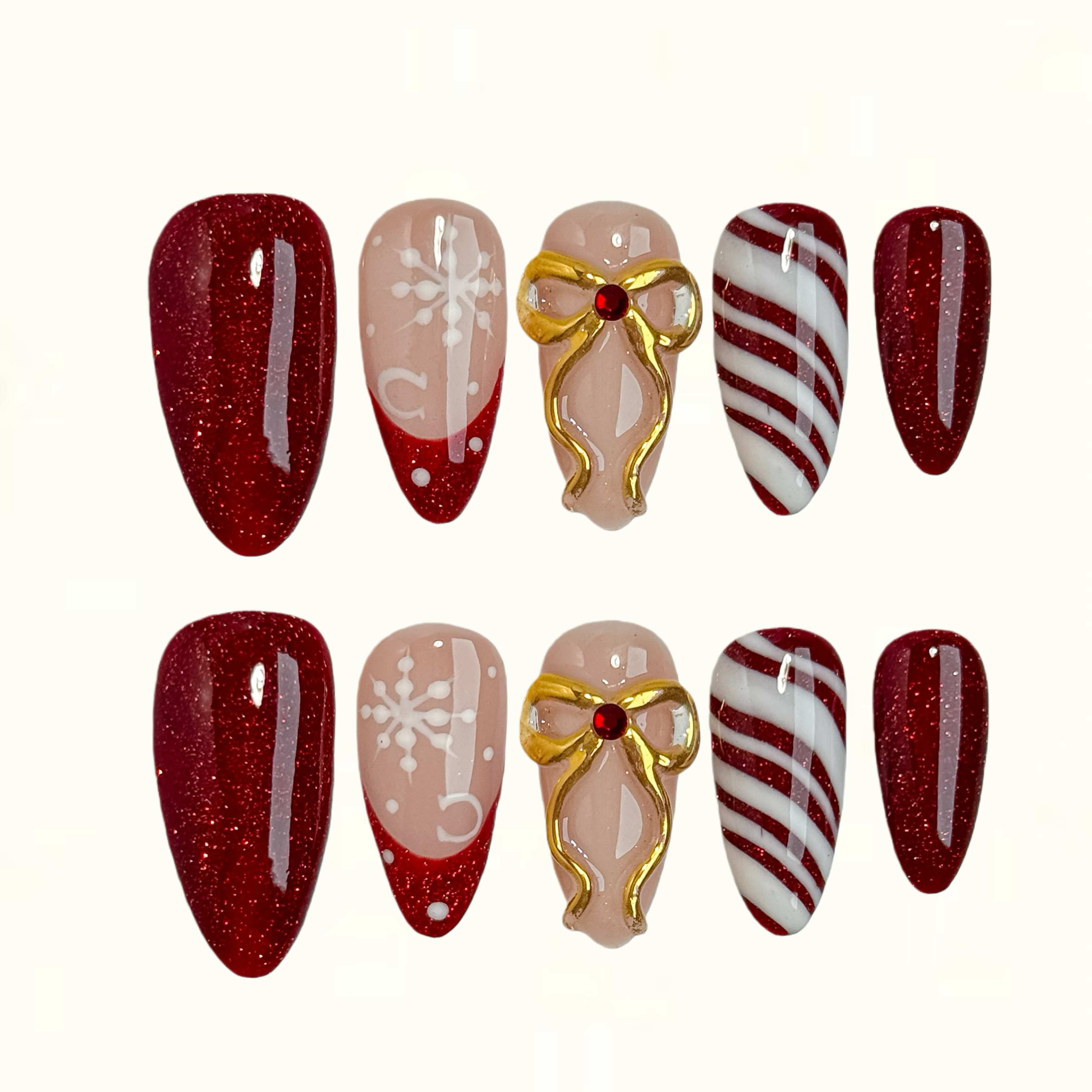 Ruby Ribbon Festive Red Glitter Press on Nails with Gold Bow