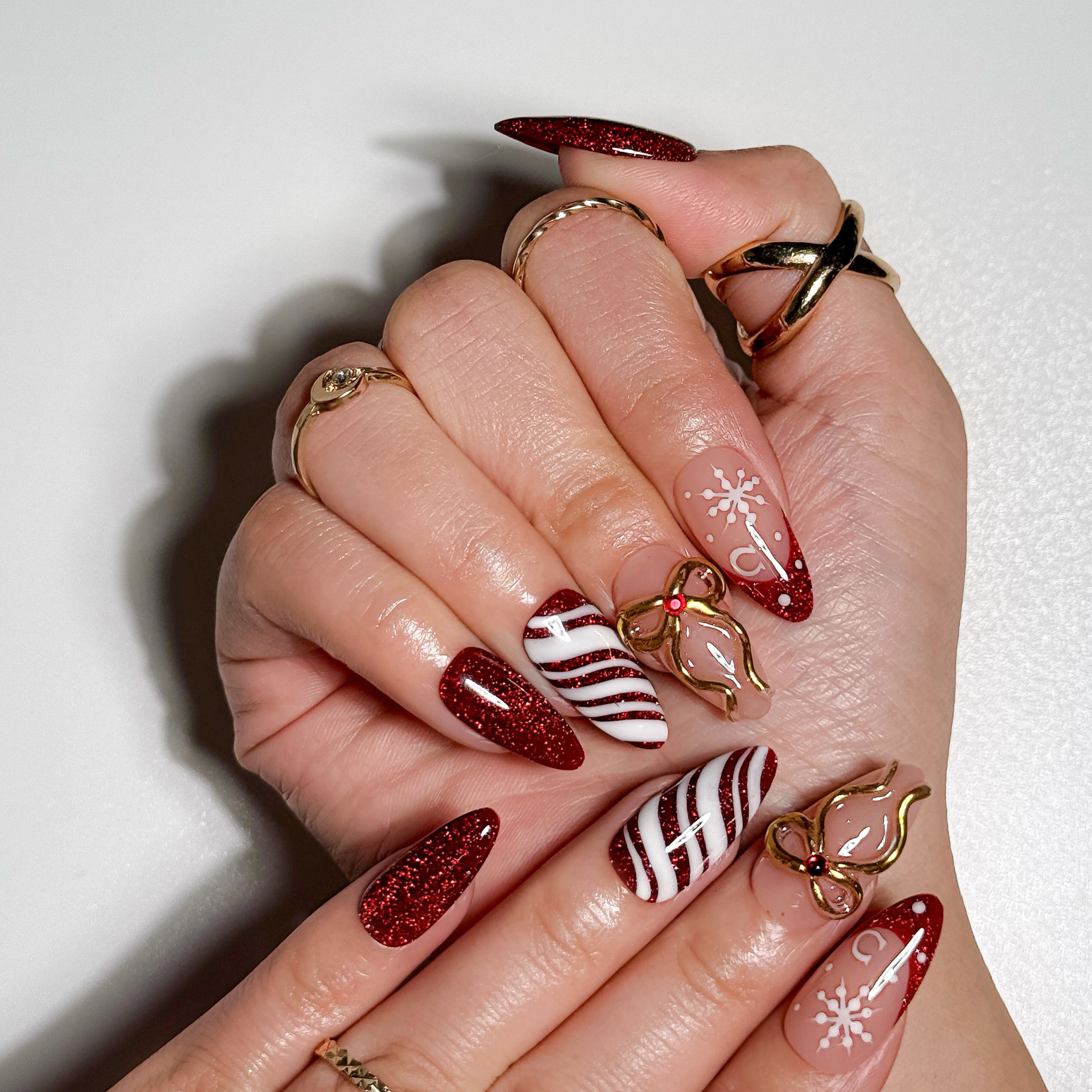 Ruby Ribbon Festive Red Glitter Press on Nails with Gold Bow