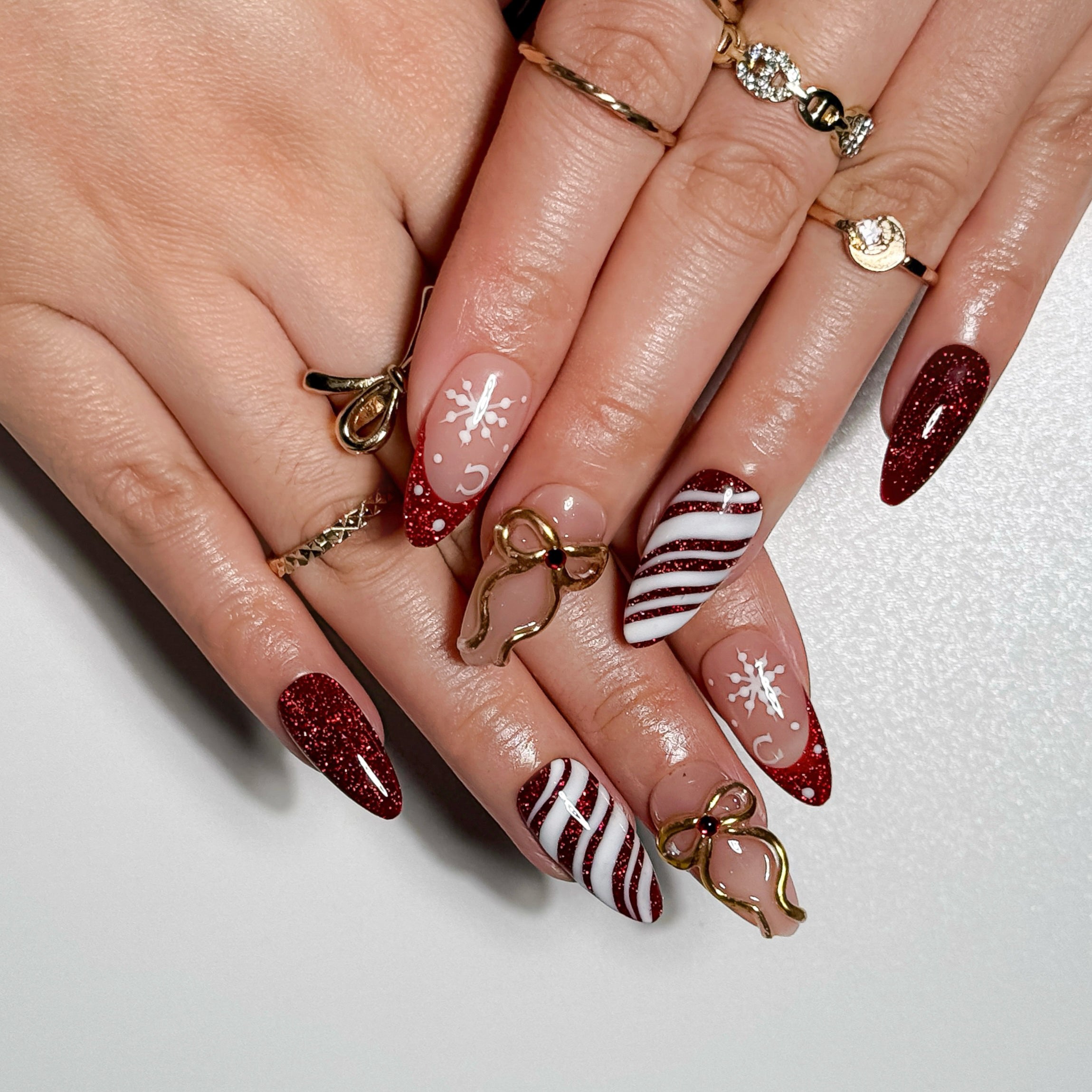 Ruby Ribbon Festive Red Glitter Press on Nails with Gold Bow