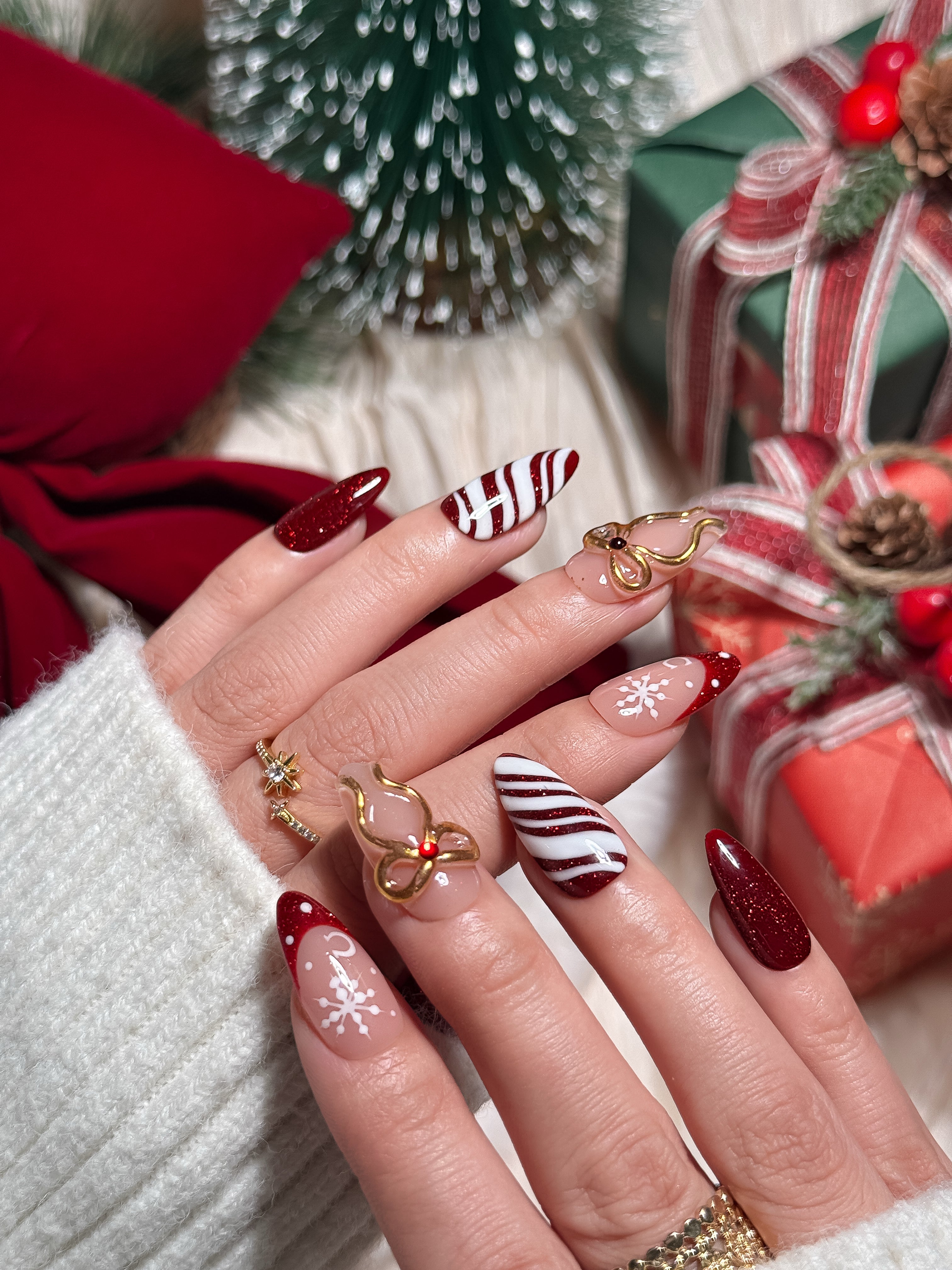 Ruby Ribbon Festive Red Glitter Press on Nails with Gold Bow