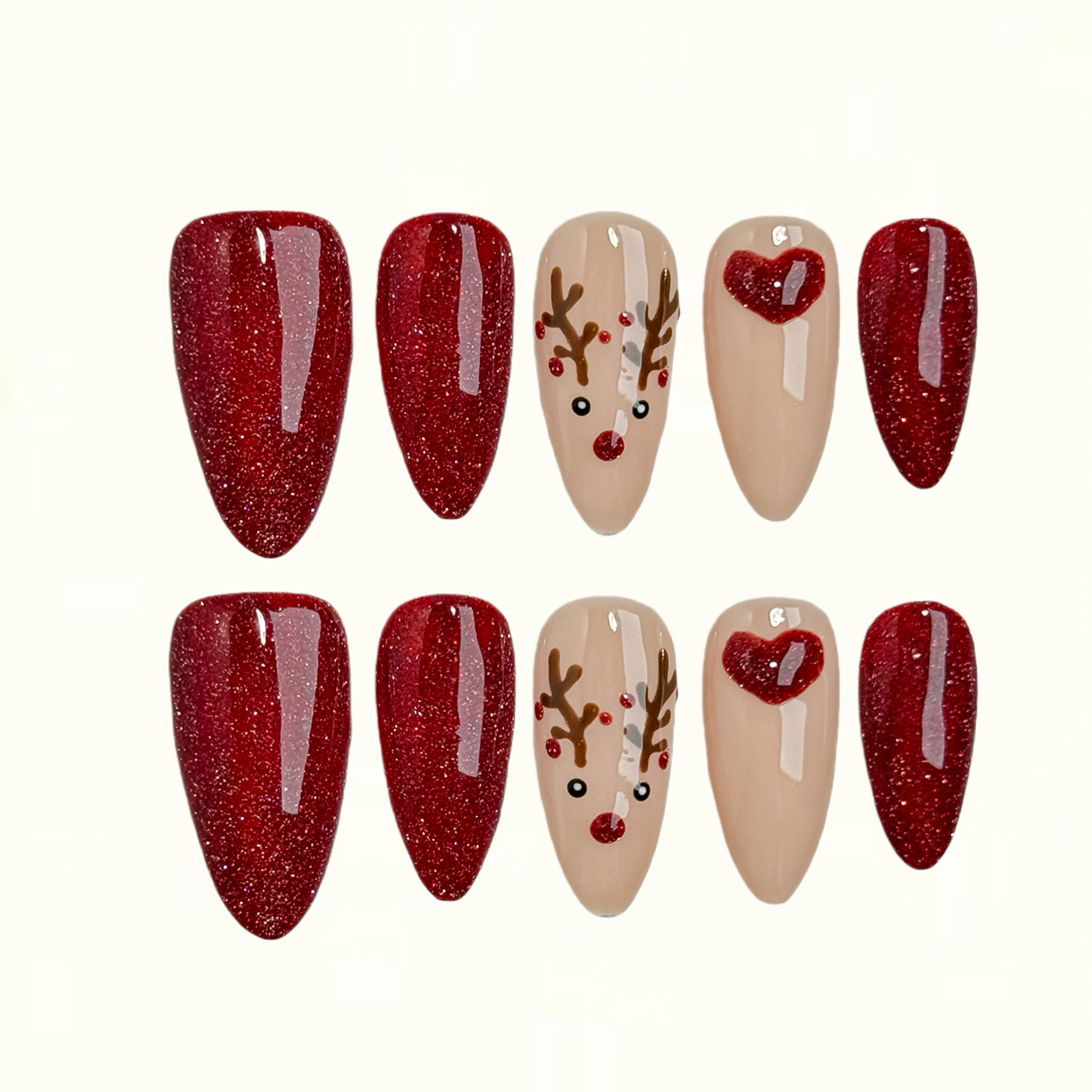 Rudolph Red Red Glitter Holiday Press on Nails with Reindeer Accent