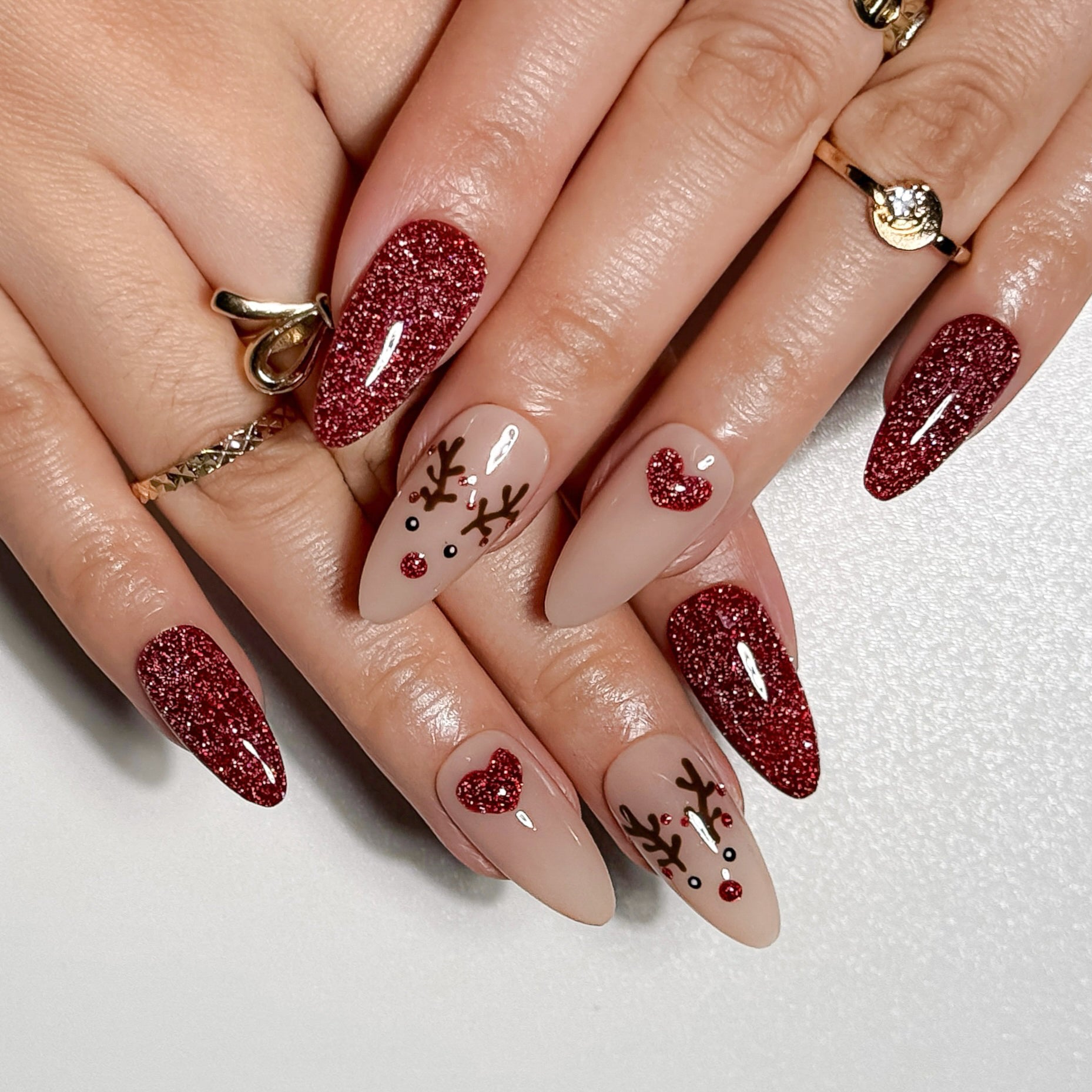 Rudolph Red Red Glitter Holiday Press on Nails with Reindeer Accent