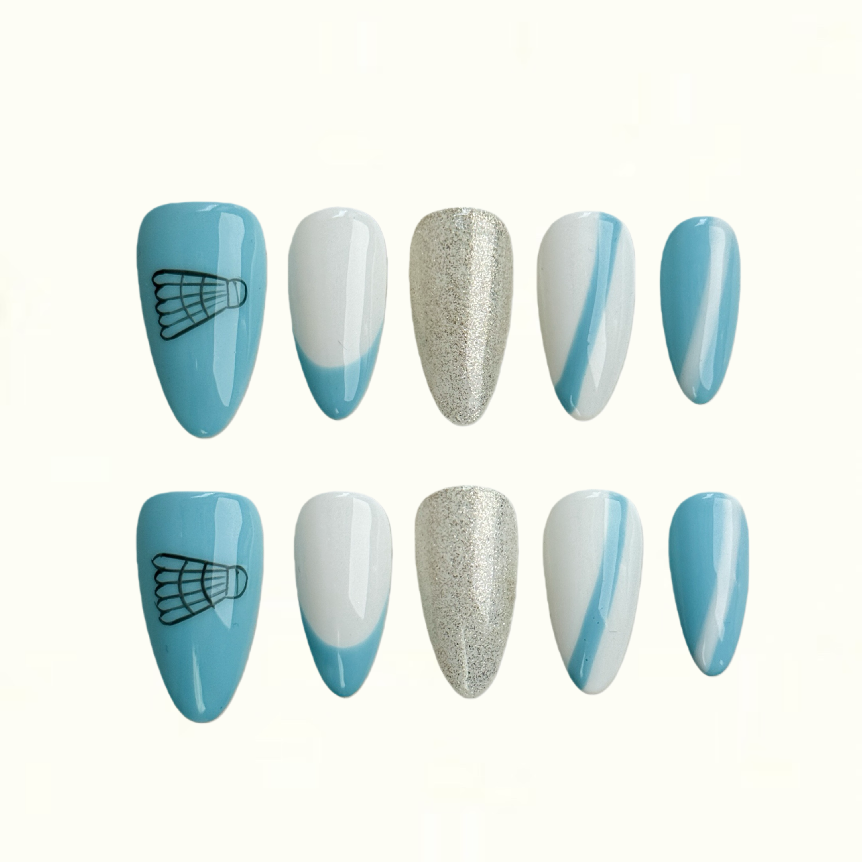 Shuttle Swing Soft Blue and White Sporty Press on Nails with Silver