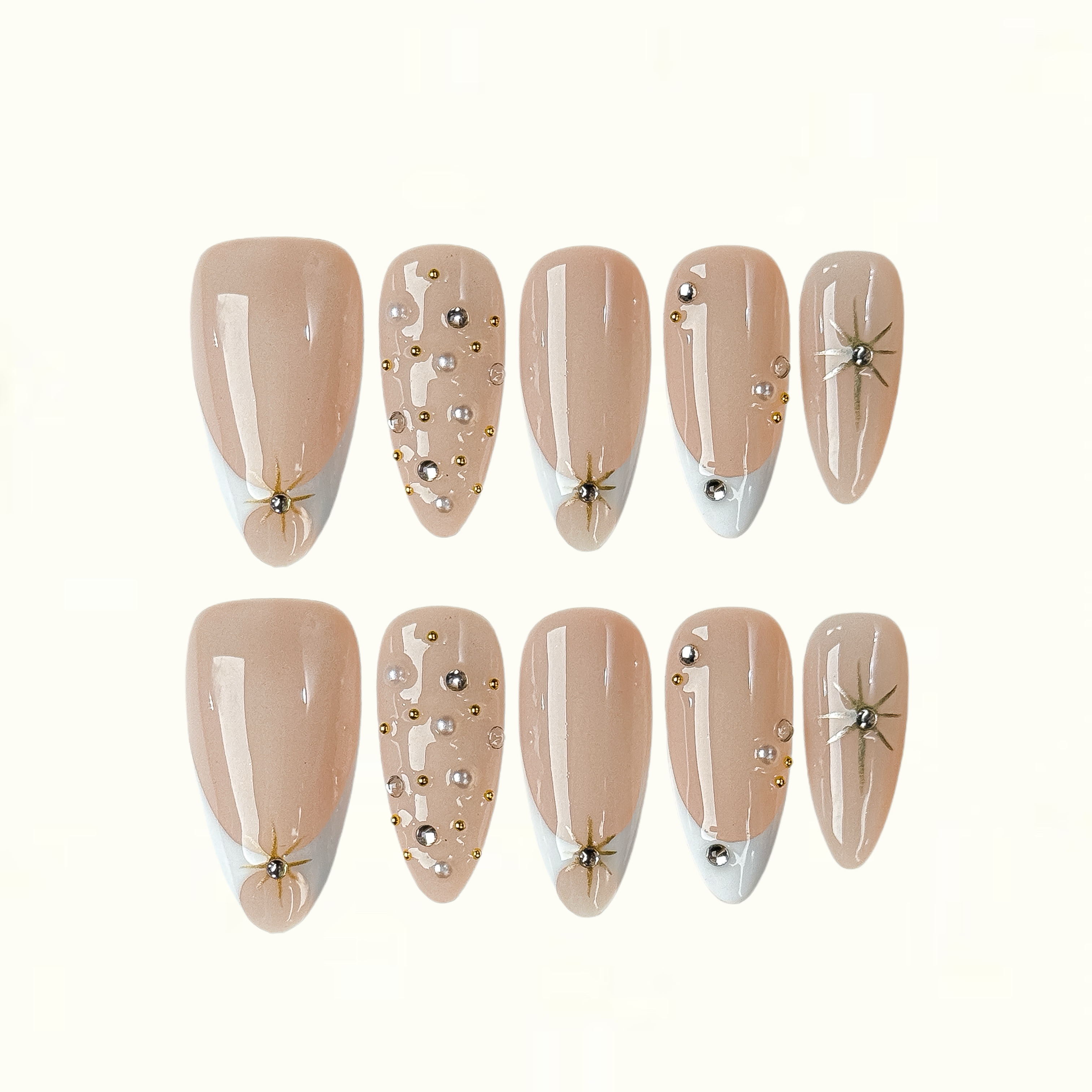 Soft Champagne Milky French Tip Press on Nails with Crystal Details