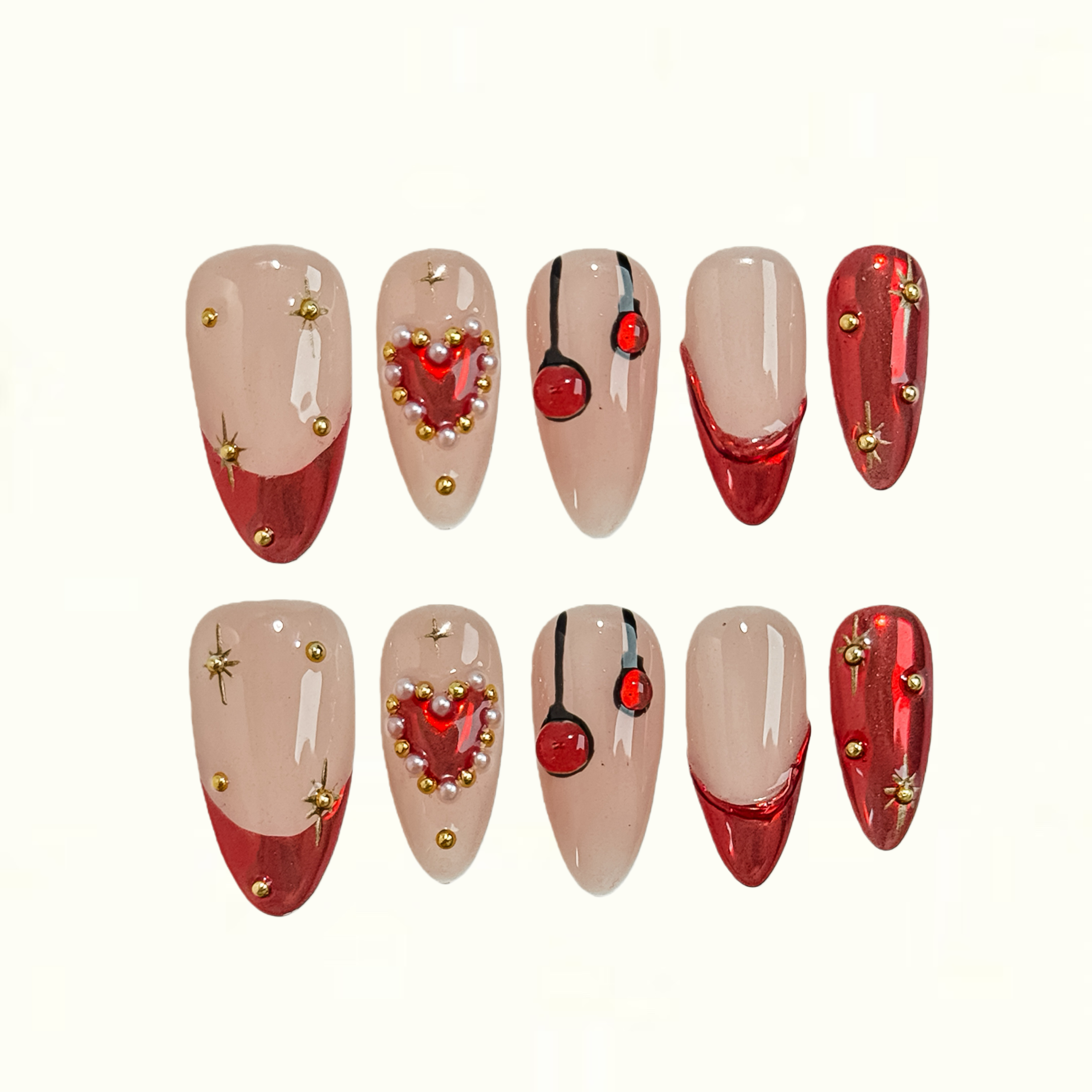 Stardust Nude Press on Nails with Red Tips and Pearl Hearts