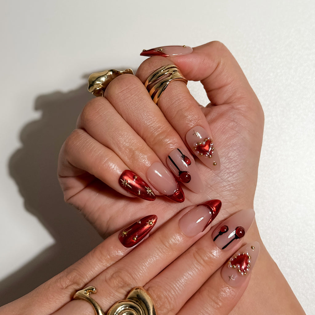 Stardust Nude Press on Nails with Red Tips and Pearl Hearts