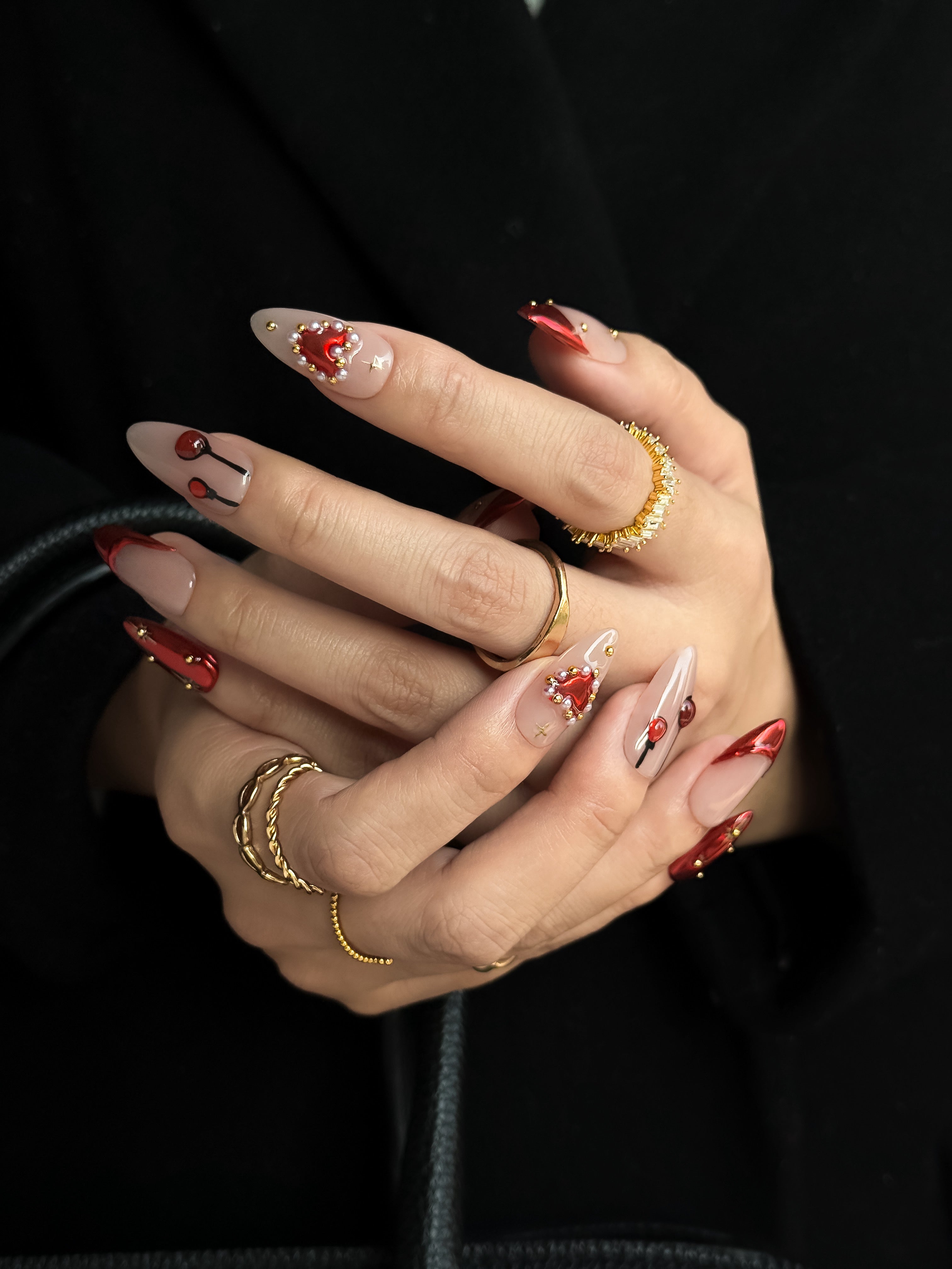 Stardust Nude Press on Nails with Red Tips and Pearl Hearts