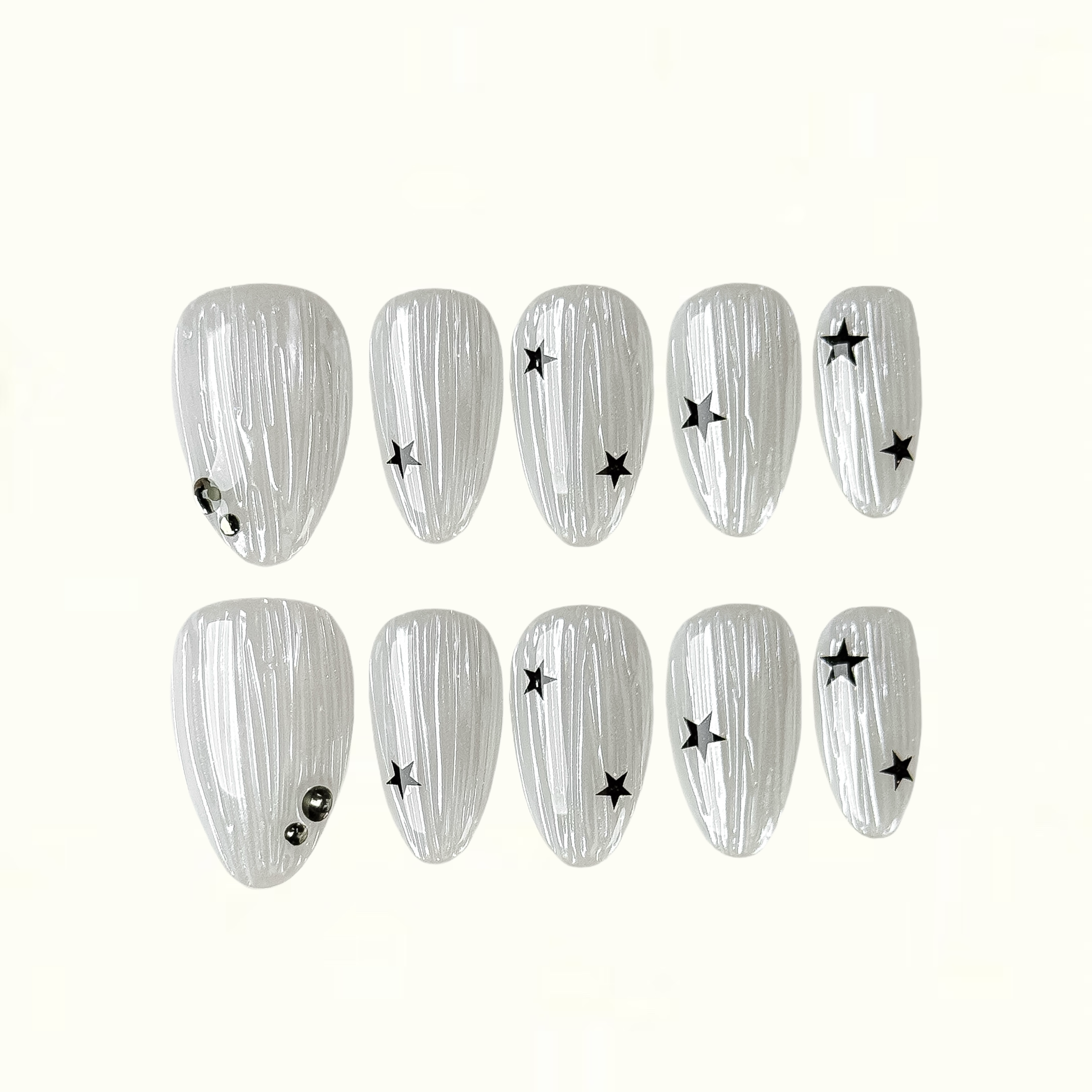 Starlight Frost Frosty White Shimmer Press on Nails with Black Stars