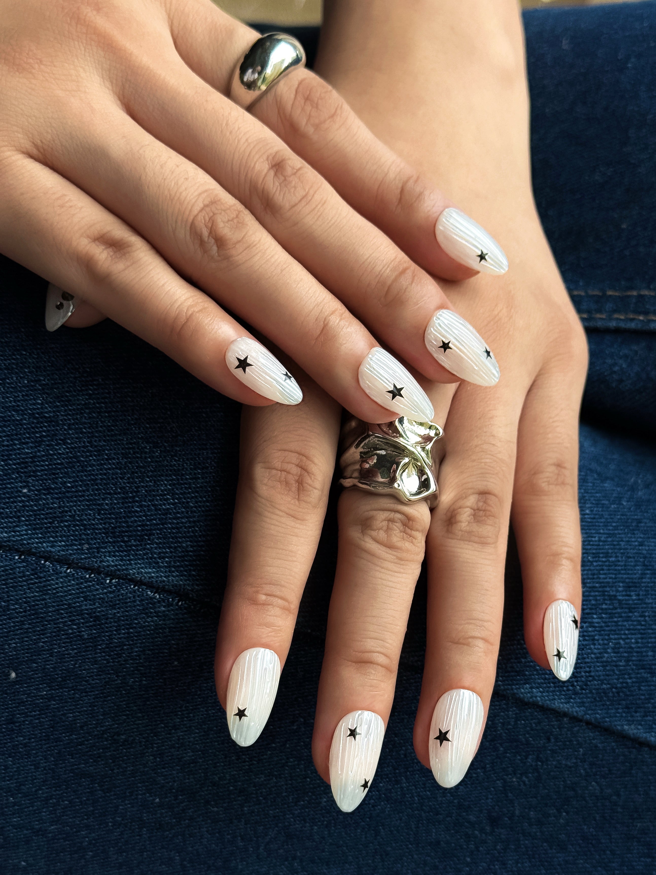 Starlight Frost Frosty White Shimmer Press on Nails with Black Stars