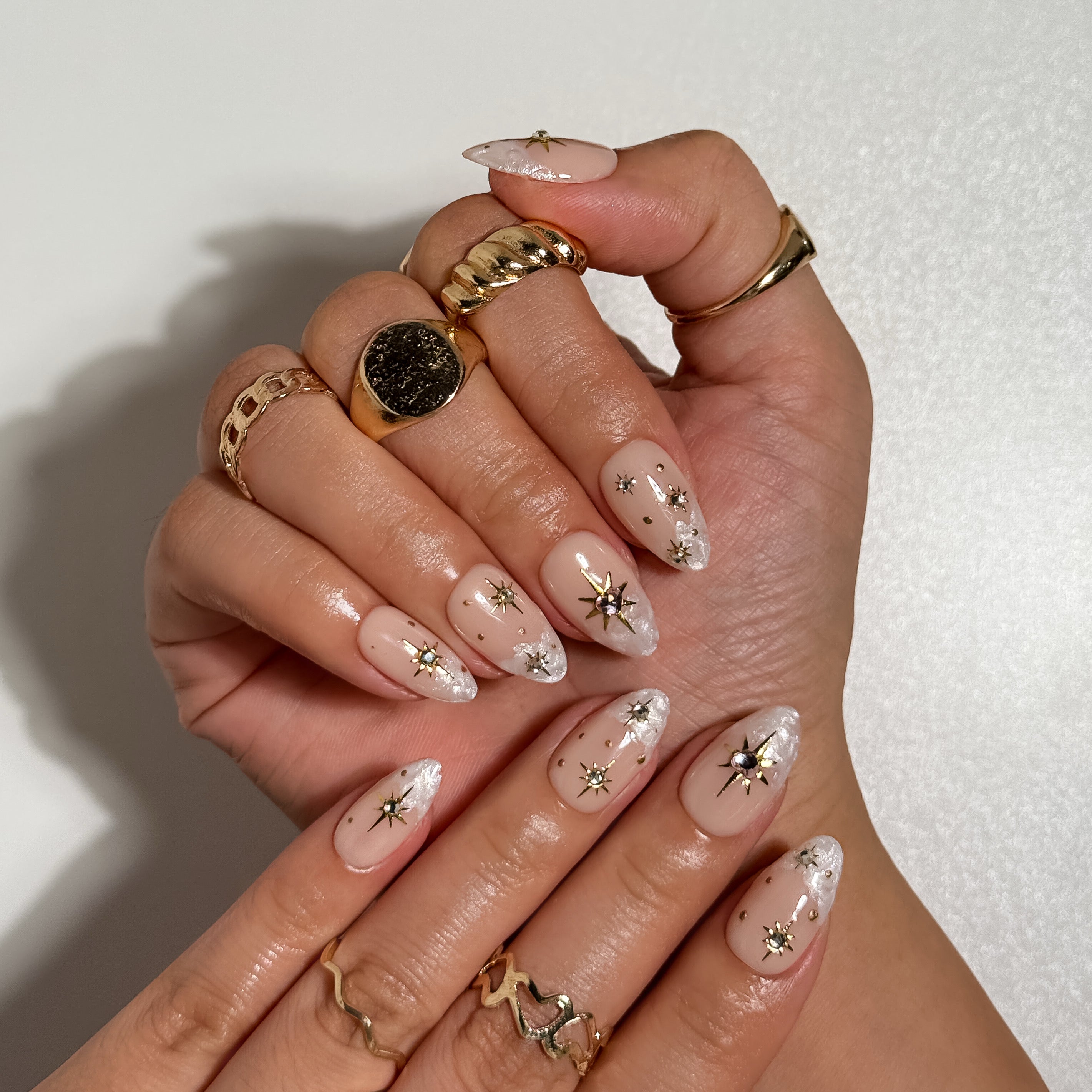 Starlit Promise Nude and Champagne Stardust Press on Nails with Gold Stars