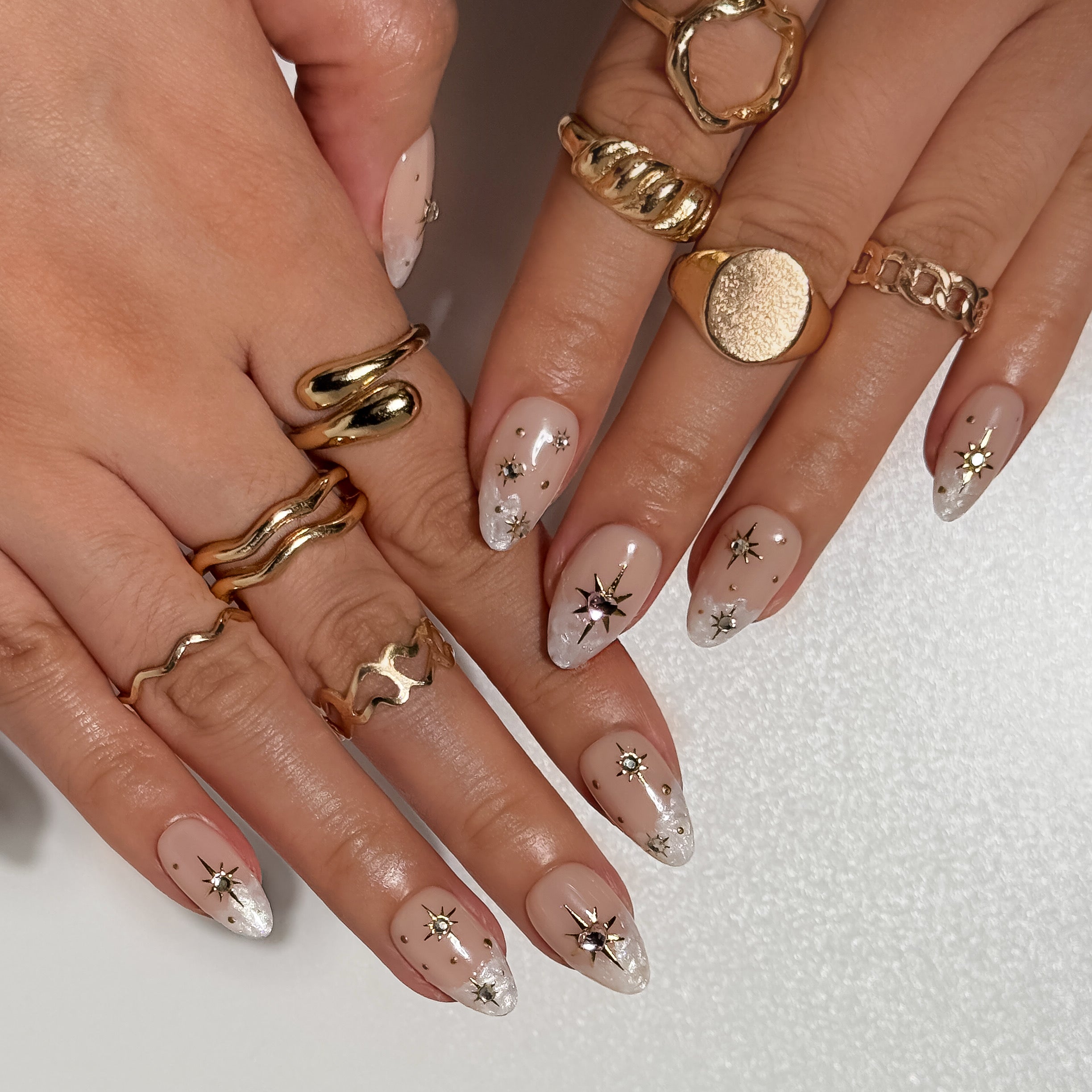 Starlit Promise Nude and Champagne Stardust Press on Nails with Gold Stars