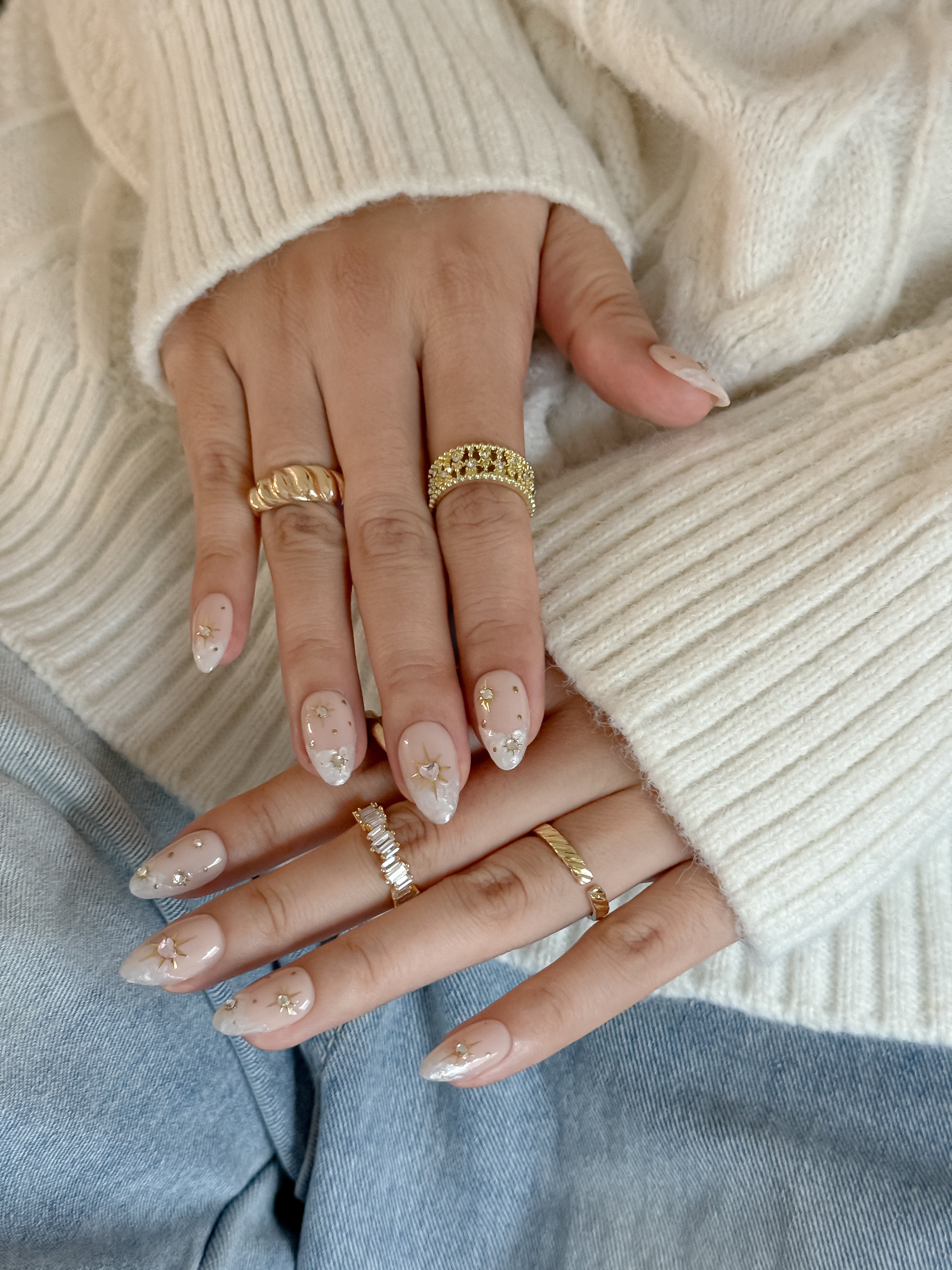 Starlit Promise Nude and Champagne Stardust Press on Nails with Gold Stars