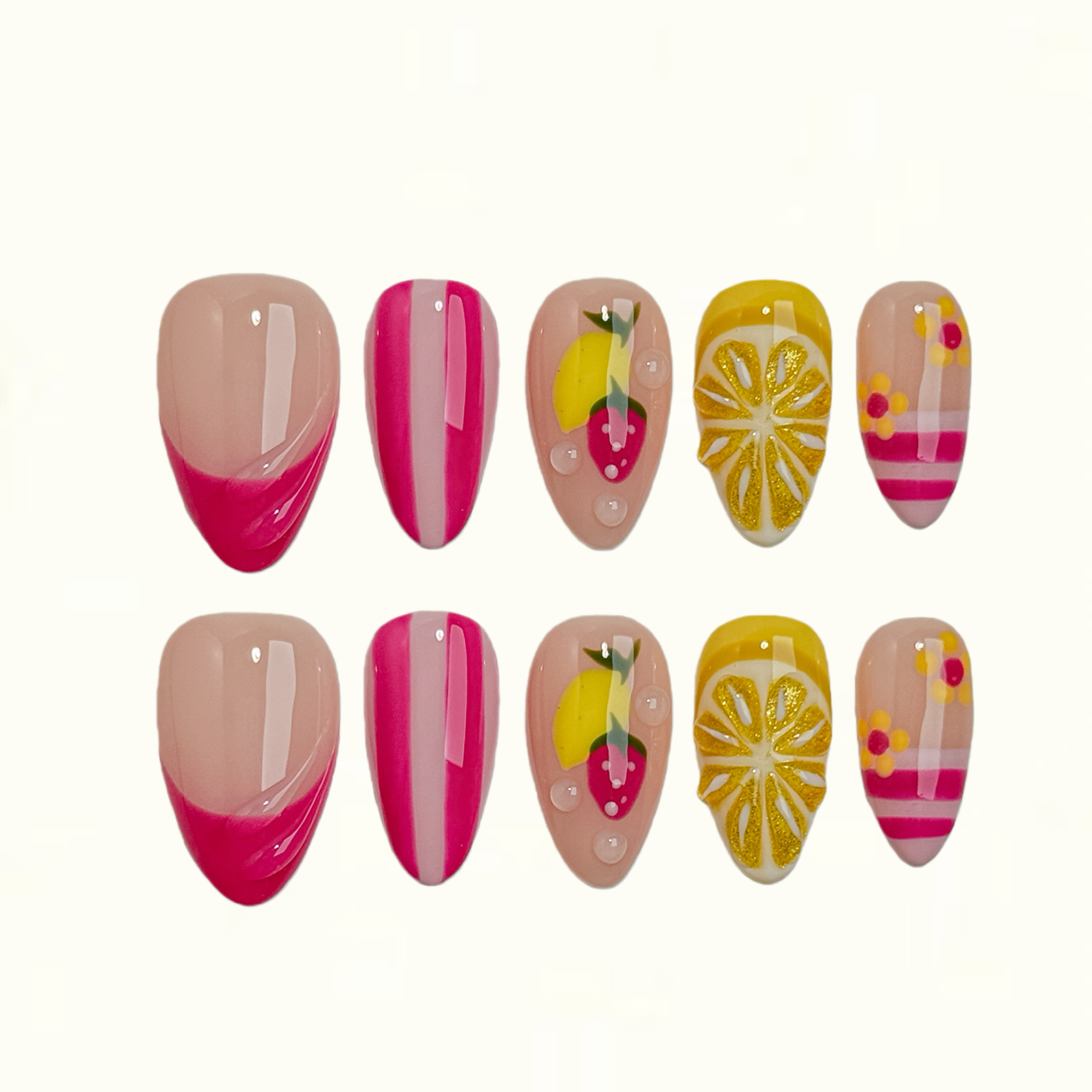 Strawberry Lemonade Pink Gradient Press on Nails with Fruit Art