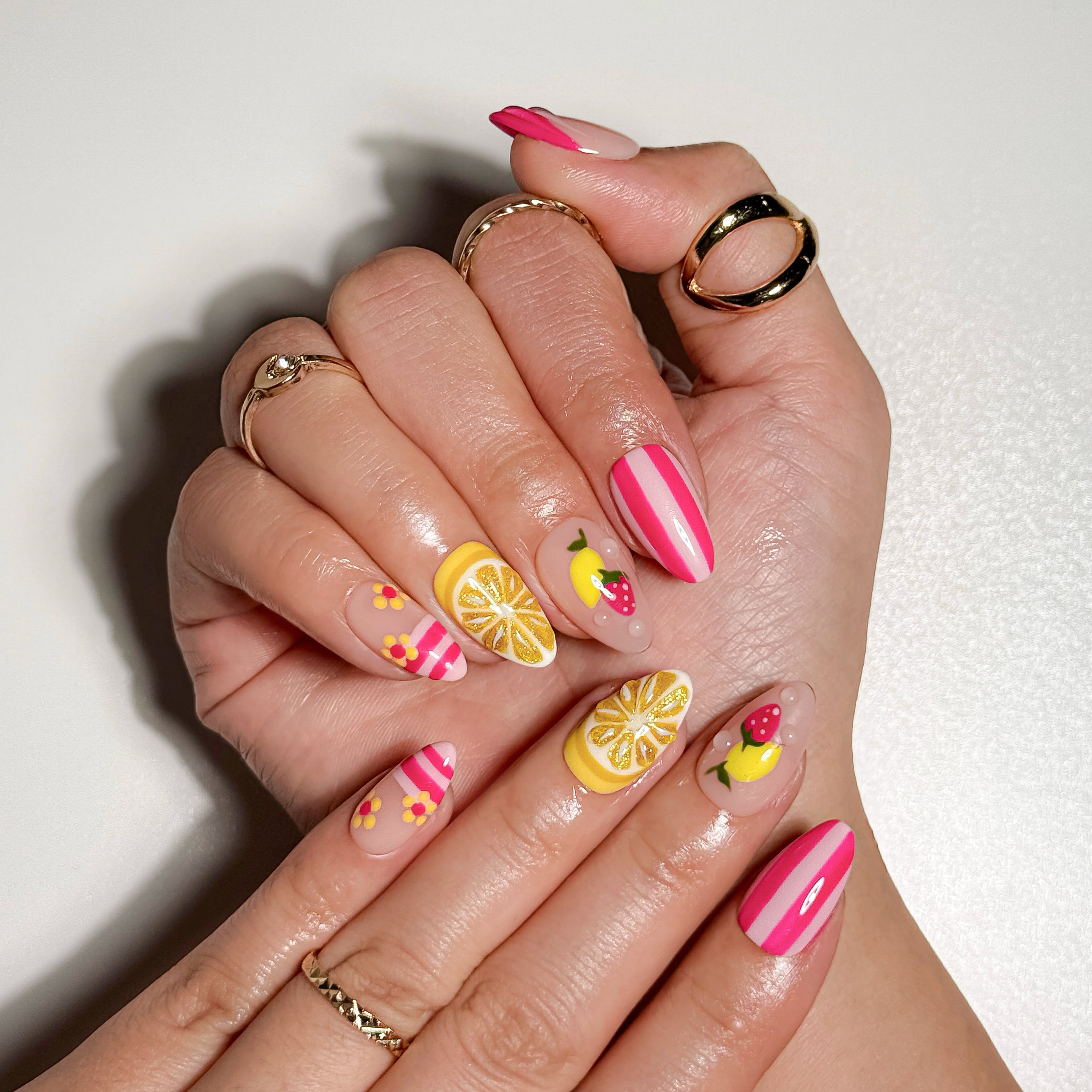 Strawberry Lemonade Pink Gradient Press on Nails with Fruit Art