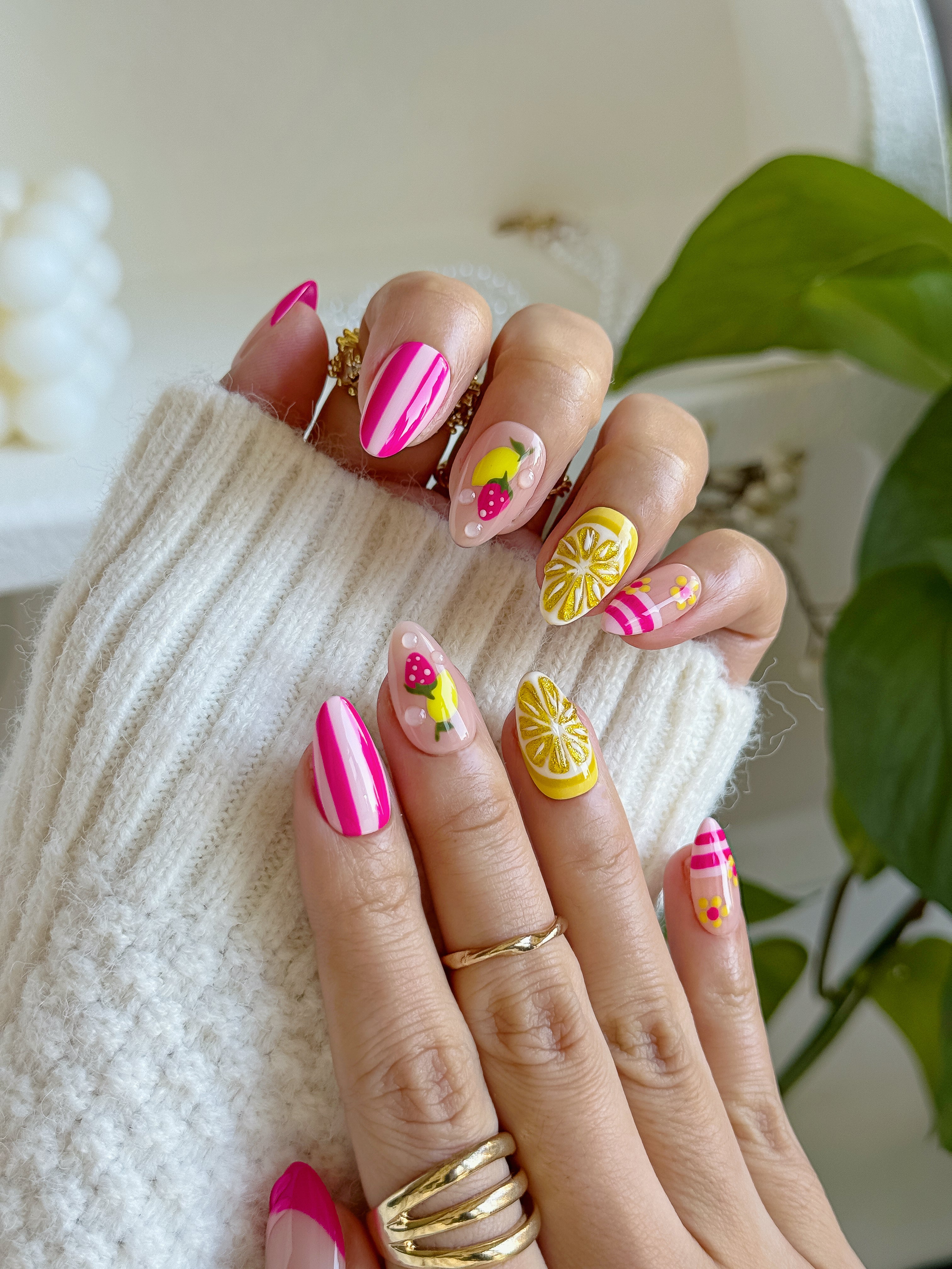 Strawberry Lemonade Pink Gradient Press on Nails with Fruit Art