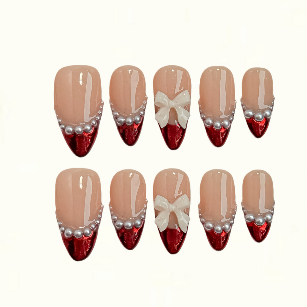 Velvet Pearl Nude and Red Press on Nails with Sculpted Bow