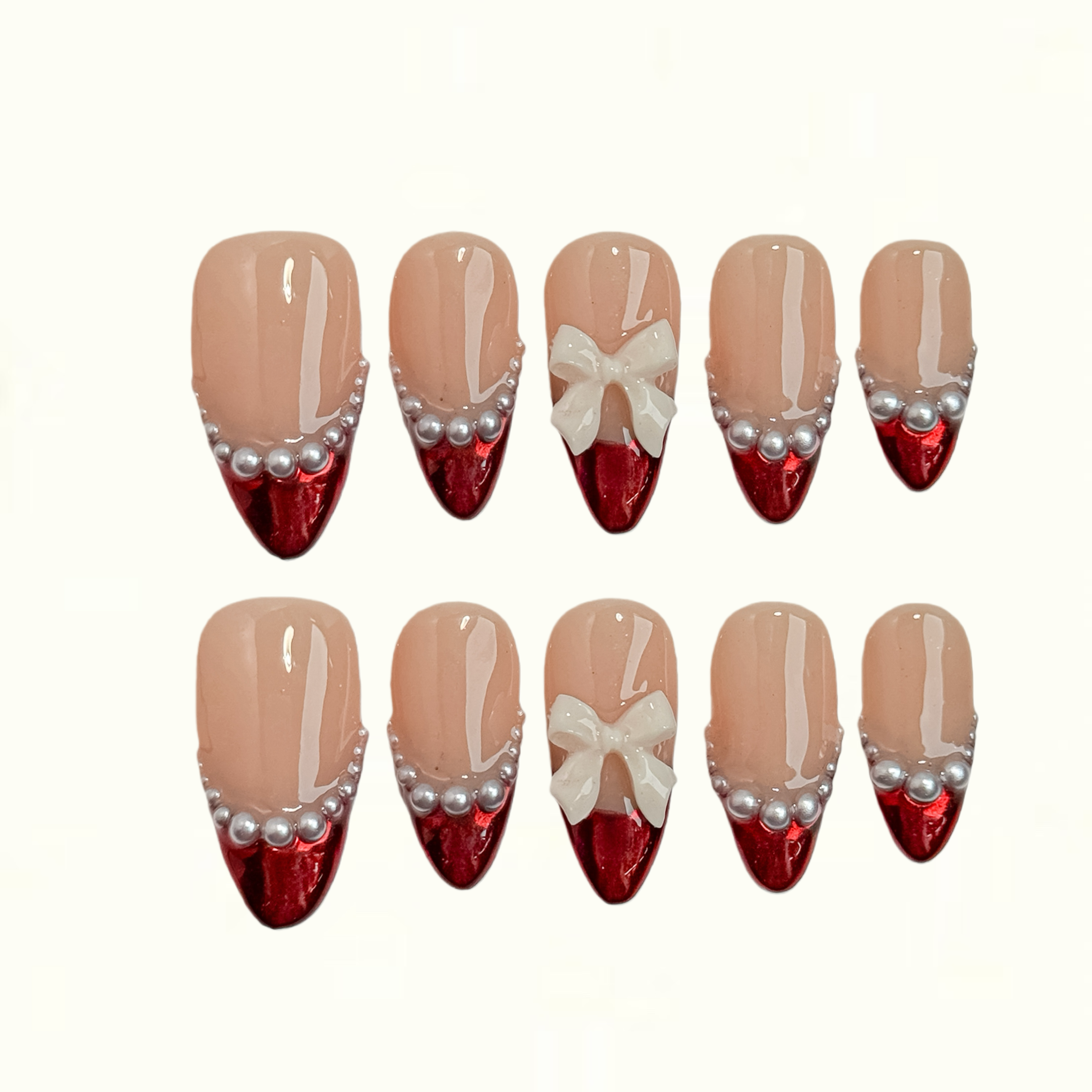 Velvet Pearl Nude and Red Press on Nails with Sculpted Bow
