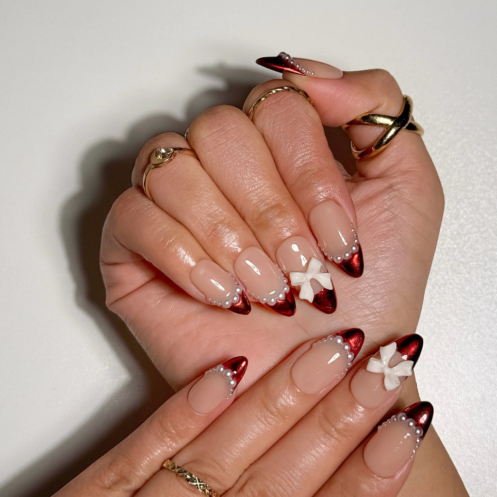 Velvet Pearl Nude and Red Press on Nails with Sculpted Bow