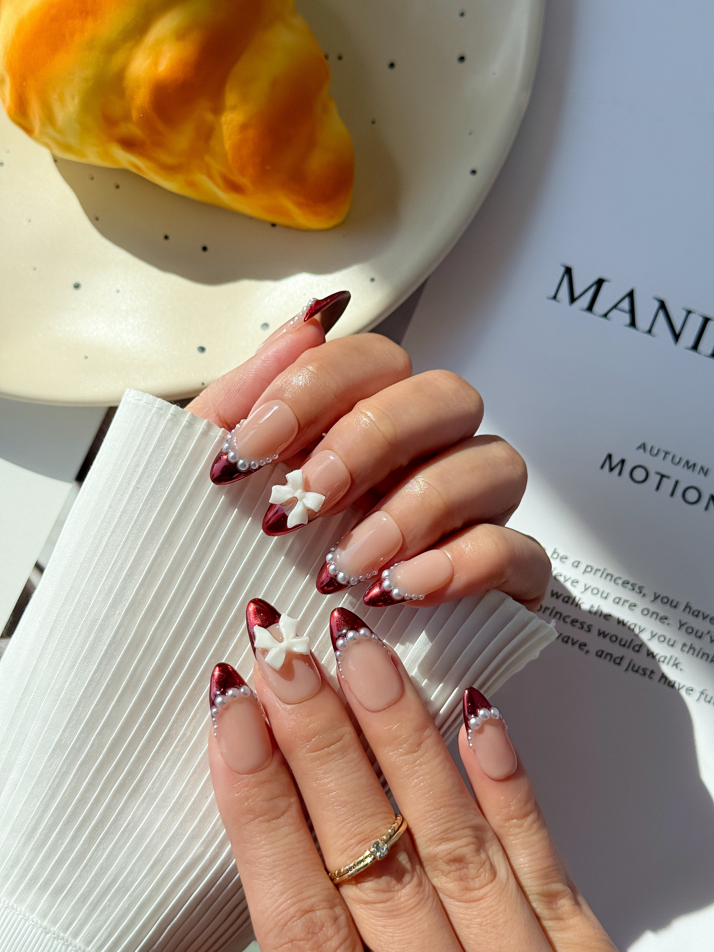 Velvet Pearl Nude and Red Press on Nails with Sculpted Bow