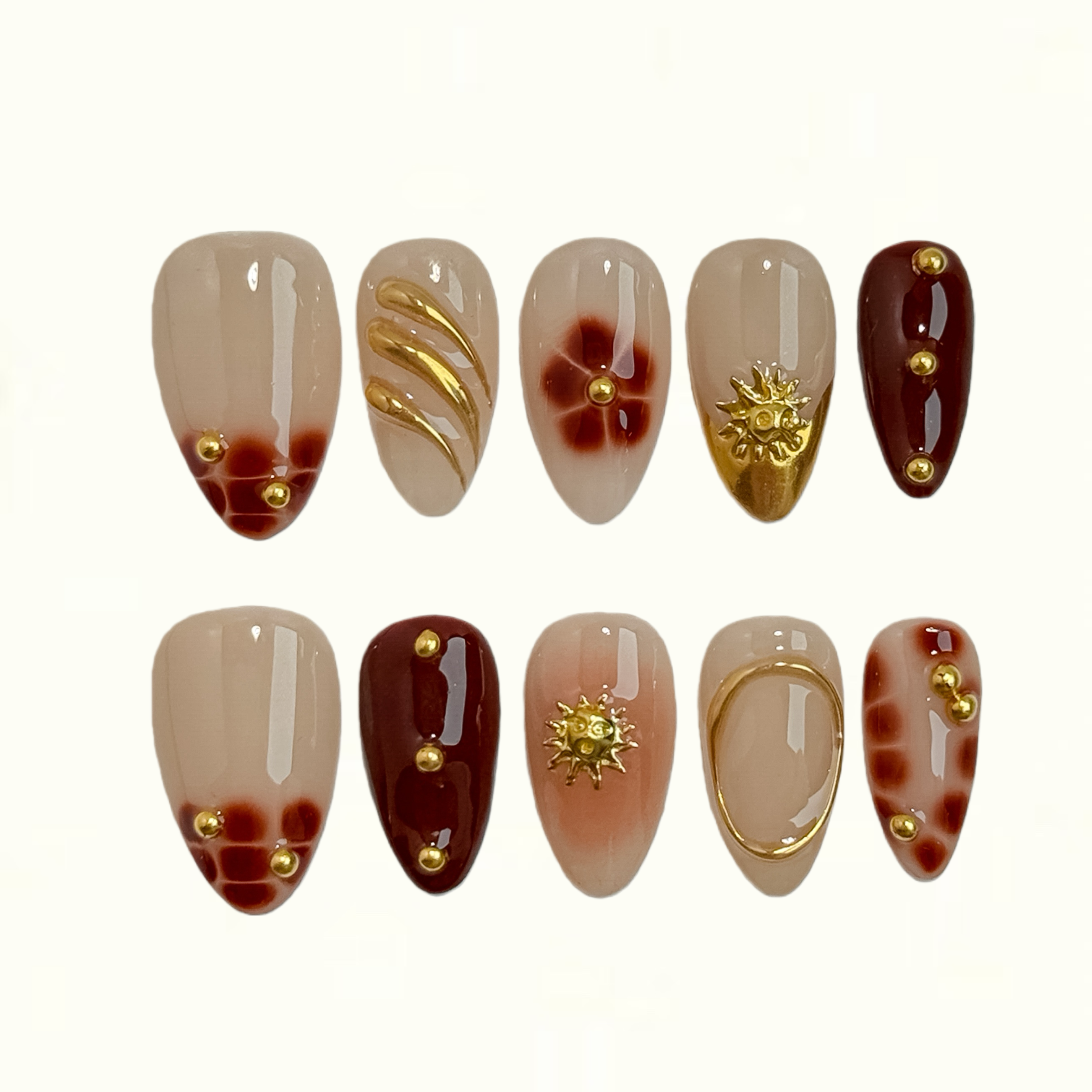 Warm Mocha Brown Floral Press on Nails with Gold Studs