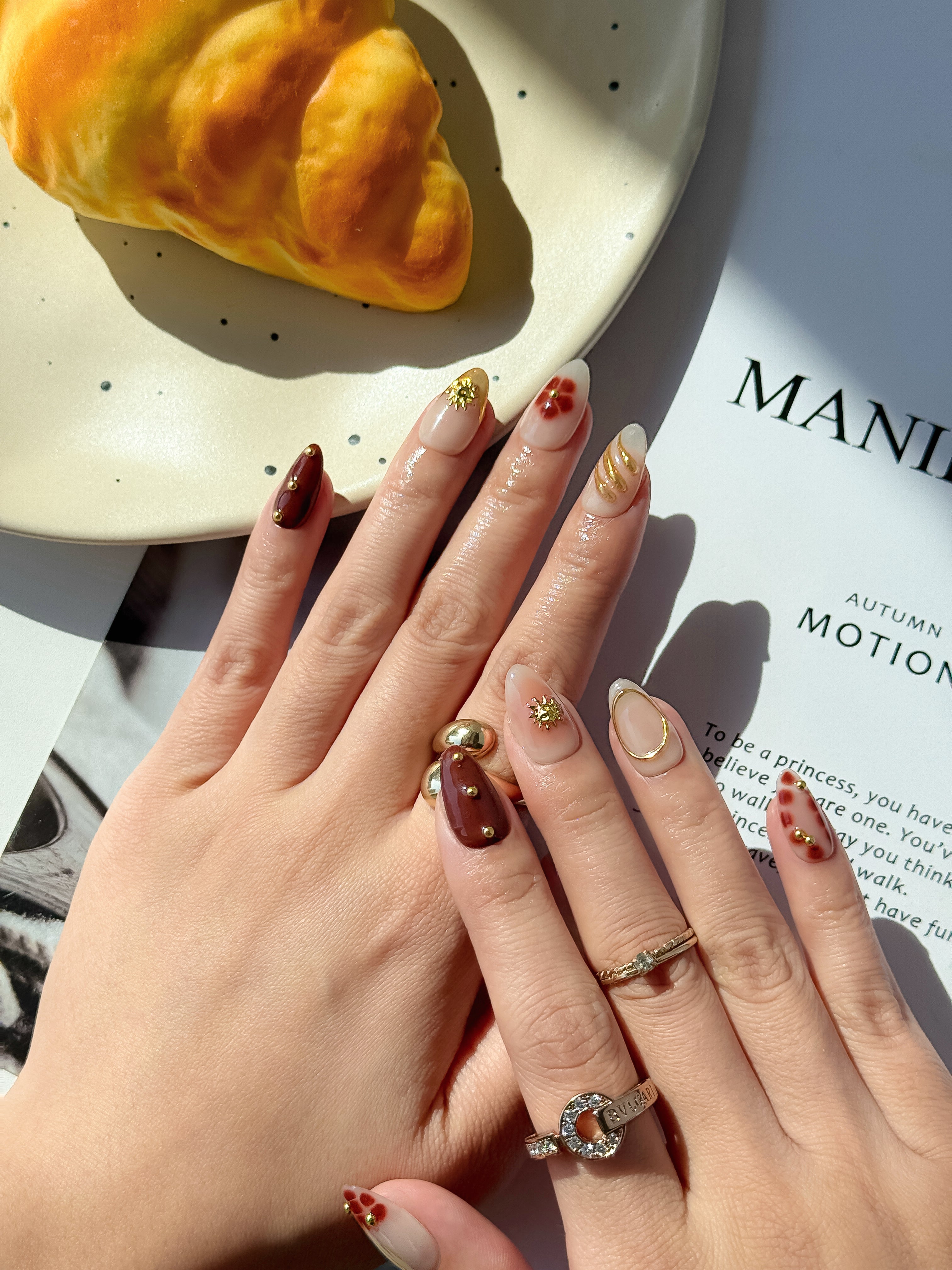 Warm Mocha Brown Floral Press on Nails with Gold Studs