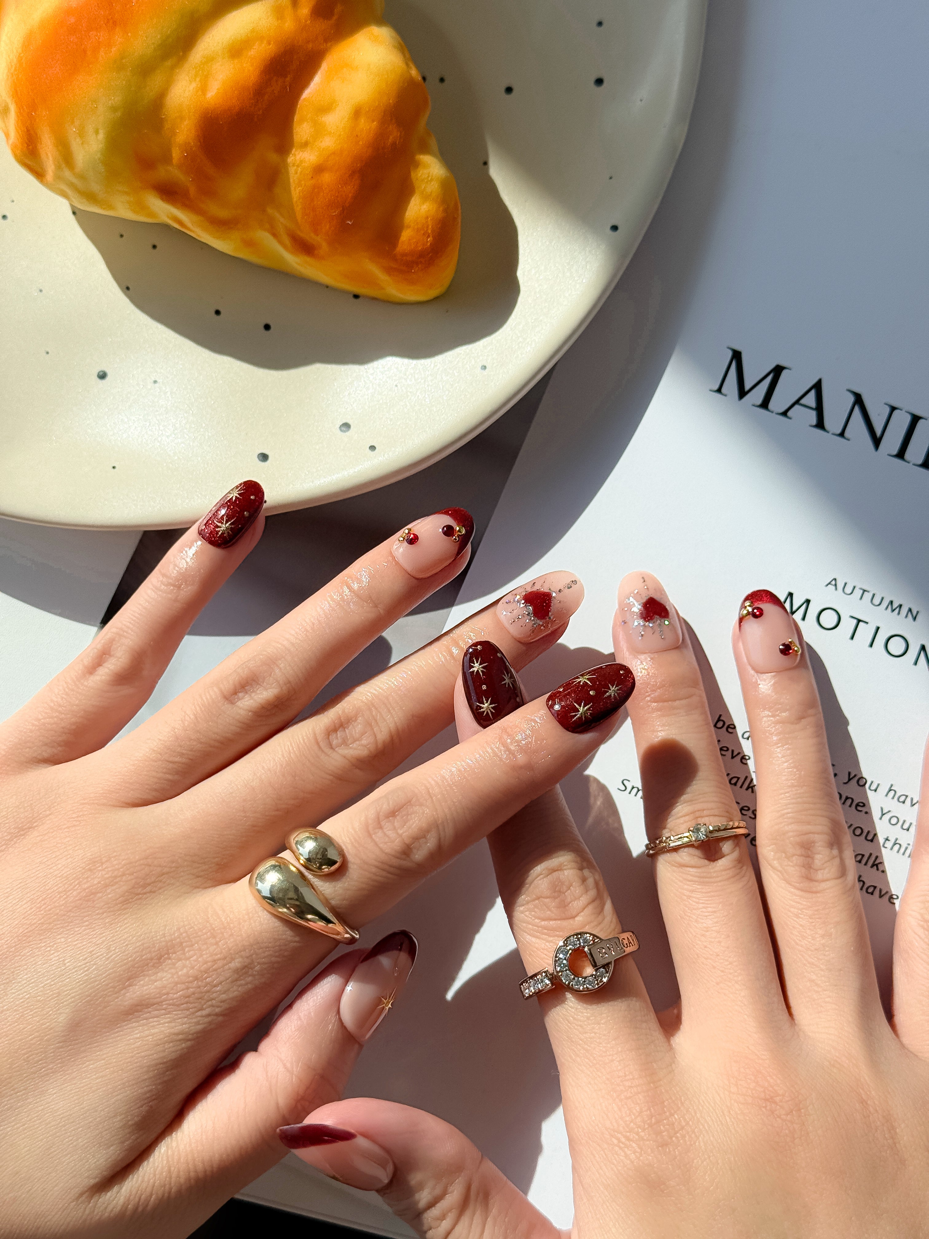 Wine Glow Nude and Wine Red Press on Nails with Gold Stars