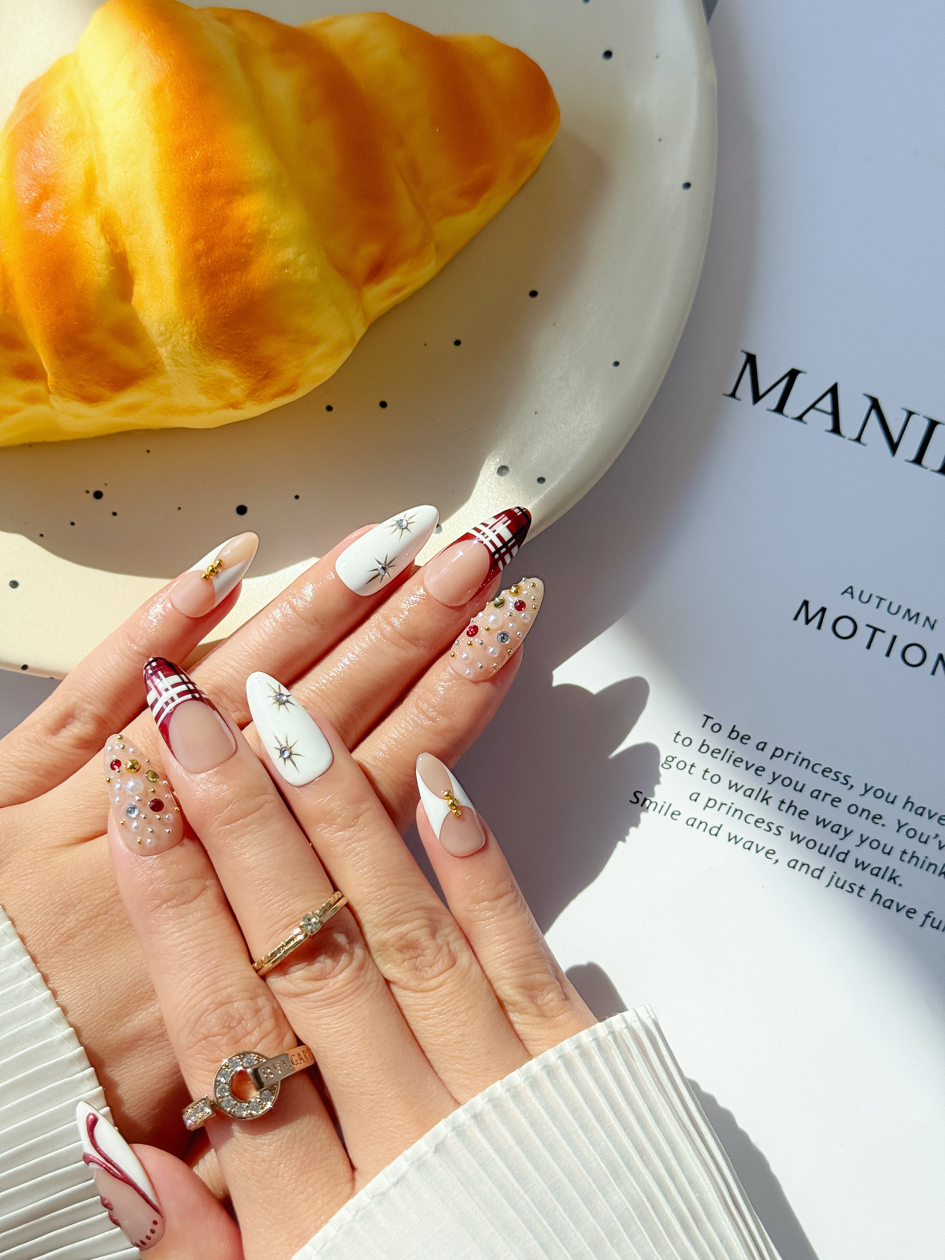 Winter Charms Nude and Red Plaid Press on Nails with Jewels